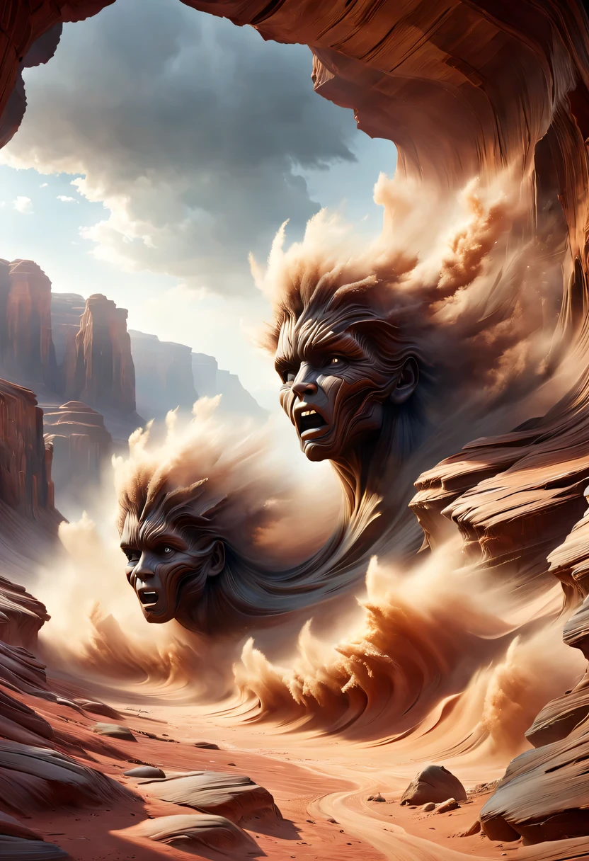 (desert canyon:1.5),Narrow canyon in the middle of the desert,sandstorm,tornado,广阔的desert canyon,dramatic scenery,red sandstone formation,huge rock cliff,stunning landscape,deep and narrow ravine, in the style of photo realistic landscapes, Stone sculptures, cabin core, Stone, in the style of photo realistic landscapes, cabin core, tumbling wave,decorative background, photo realistic landscapes, large canvas format, 32k Ultra HD, photo, The best qualities of imaginative landscapes,4K,8k,high resolution,masterpiece:1.2),Super detailed,(actual,realistically,realistically:1.37),