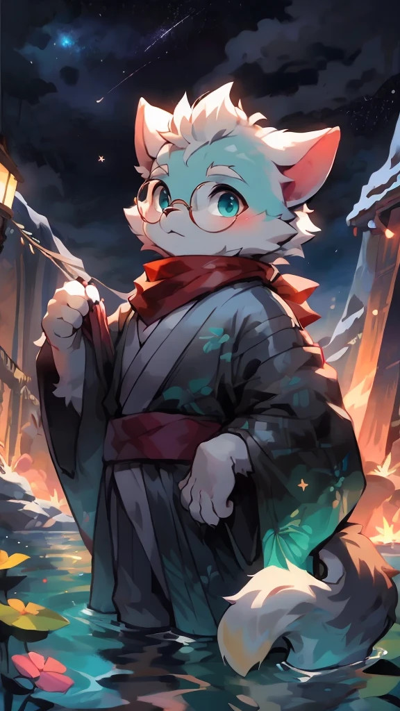 a portrait of a old, fully grown mature and aged male cat with big round circle glasses and a red scarf, The cat is very tall. bushy tail, and perked-up fluffy big ears, one ear is lowered. He is fully clothed, he wears a fluffy warm and cozy kimono, a handsome cat fursona with teal fur color, the chest has white fur, white fur around his mouth and cheeks, medium-length white hair, fluffy black cat ears, and a fluffy white neck. He is standinf on water, He is looking up at the colorful starry sky, there are shooting stars, and in the background an incredibly detailed background, detailed eyes