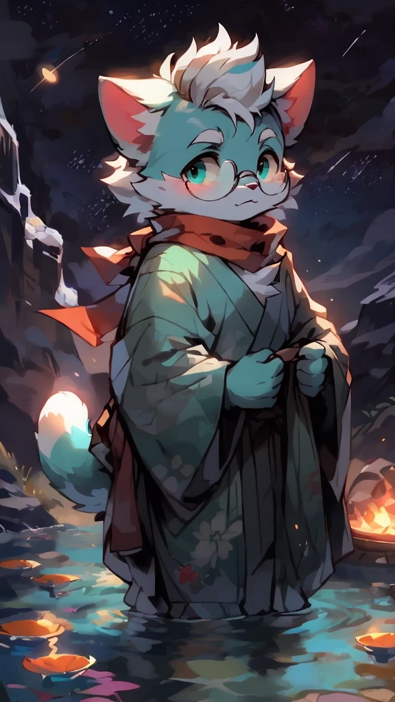 a portrait of a old, fully grown mature and aged male cat with big round circle glasses and a red scarf, The cat is very tall. bushy tail, and perked-up fluffy big ears, one ear is lowered. He is fully clothed, he wears a fluffy warm and cozy kimono, a handsome cat fursona with teal fur color, the chest has white fur, white fur around his mouth and cheeks, medium-length white hair, fluffy black cat ears, and a fluffy white neck. He is standinf on water, He is looking up at the colorful starry sky, there are shooting stars, and in the background an incredibly detailed background, detailed eyes