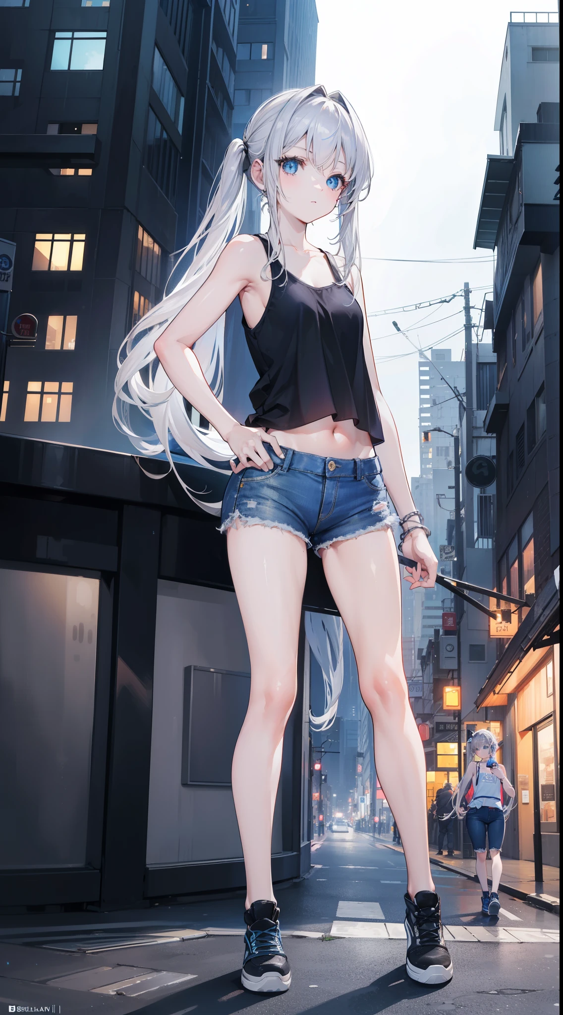 At 32K, best quality, Super detailed, high resolution, perfect anatomy, from the front, Beautiful city background, night time, cute , Beautiful blue eyes, Ideal ratio body proportions, Tank top, Jeans shorts, silver hair, long hair,twin tails,