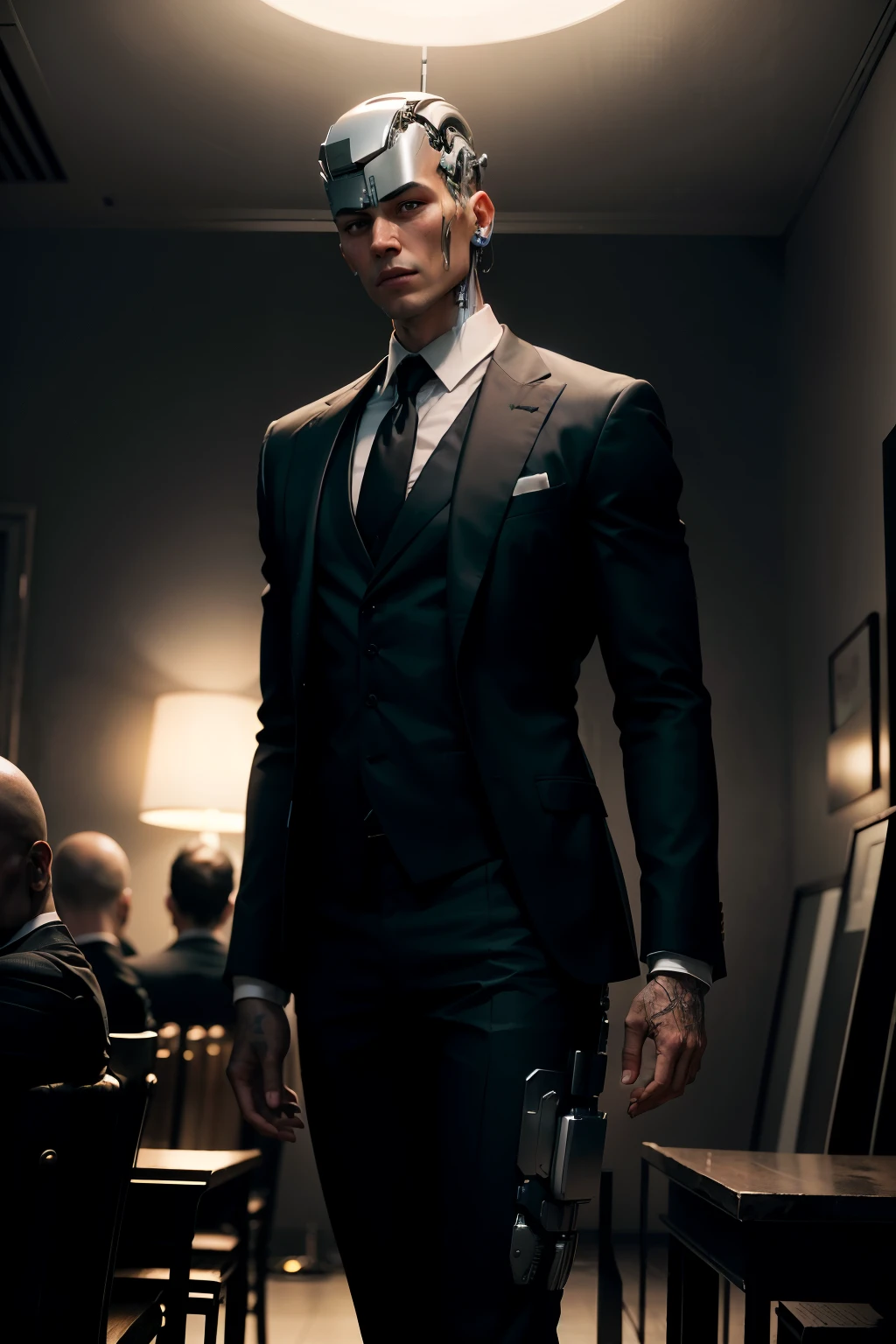 homem com (human head wearing black suit | cyborg head wearing black suit:1.2), parte superior do corpo, HDR , Cinematic lighting