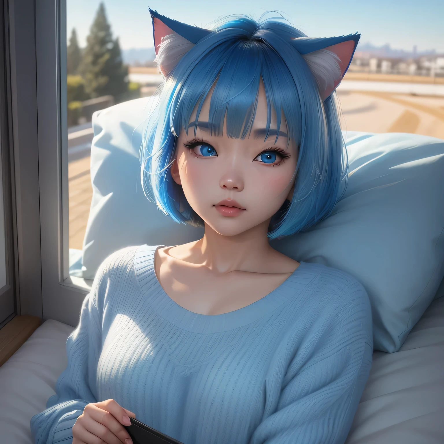 (8k, HDR, RAW photo, best quality, masterpiece:1.2, realistic lighting), medium body view, korean girl, solo, wearing blue sweater, (bob cuts hair), sky blue hair, path traced hair, (sky blue cat ears), ((sky blue eyes)), beauty eyes, (thin face), flat chest, (home:1.3), sleeping in bed, look up, upper body.