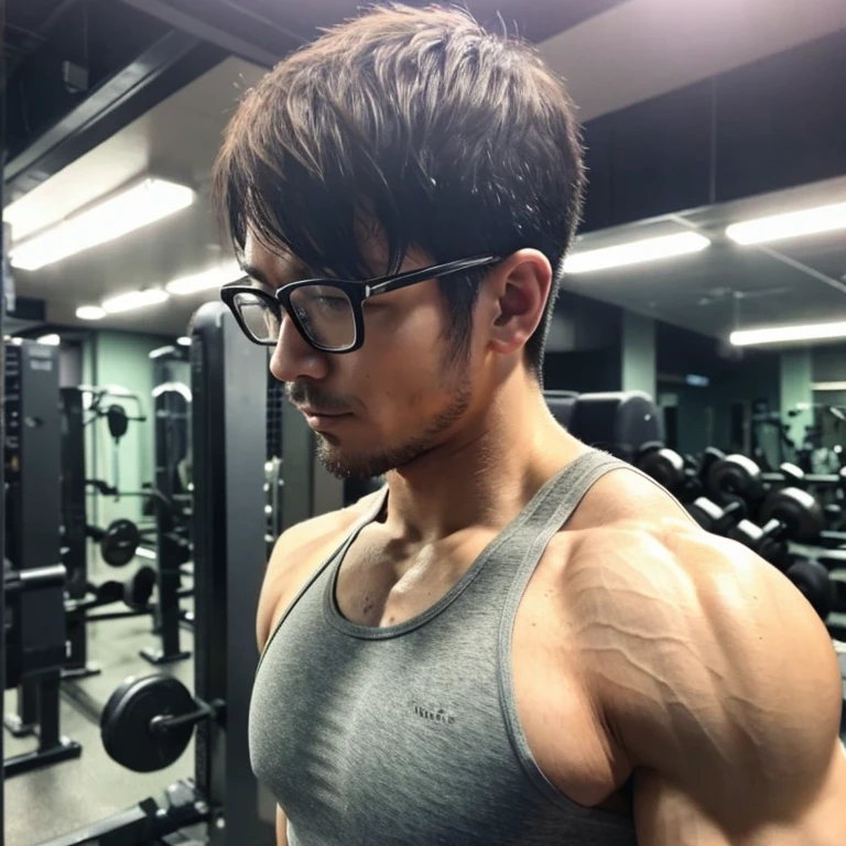 Muscular, simple, short-haired man wearing glasses、slightly hairy、muscle training at the gym、sweating、