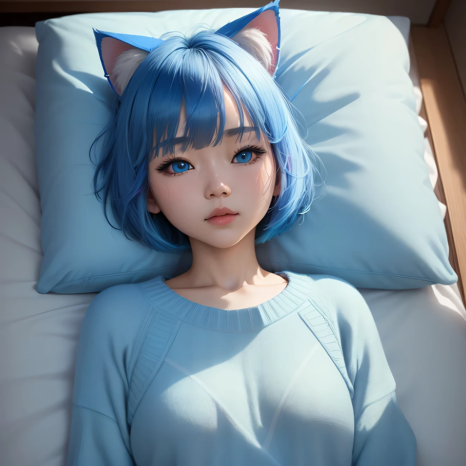 (8k, HDR, RAW photo, best quality, masterpiece:1.2, realistic lighting), medium body view, korean girl, solo, wearing blue sweater, (bob cuts hair), sky blue hair, path traced hair, (sky blue cat ears), ((sky blue eyes)), beauty eyes, (thin face), flat chest, (home:1.3), sleeping in bed, look up, upper body.