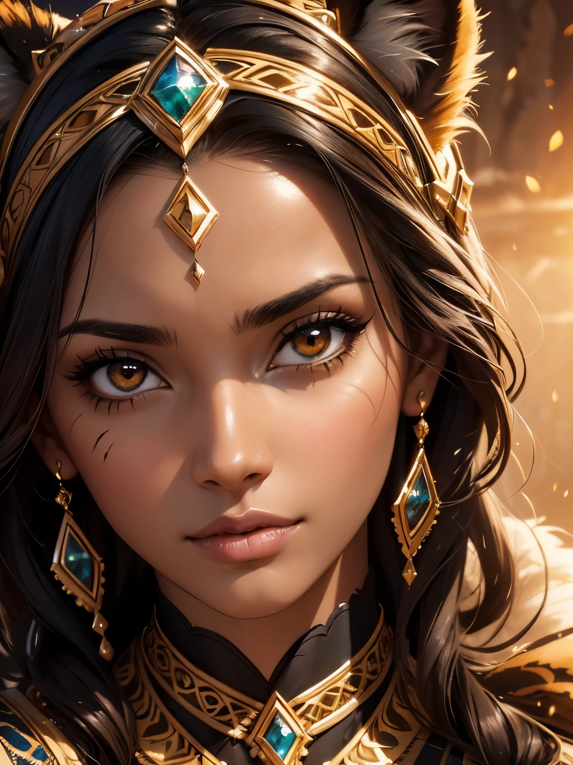 ((best quality)), ((masterpiece)), (detailed), (close up), (headshot), dark skin, perfect face, beautiful middle eastern woman surrounded by tigers, tigress, middle east background, HDR, 4K, 3D