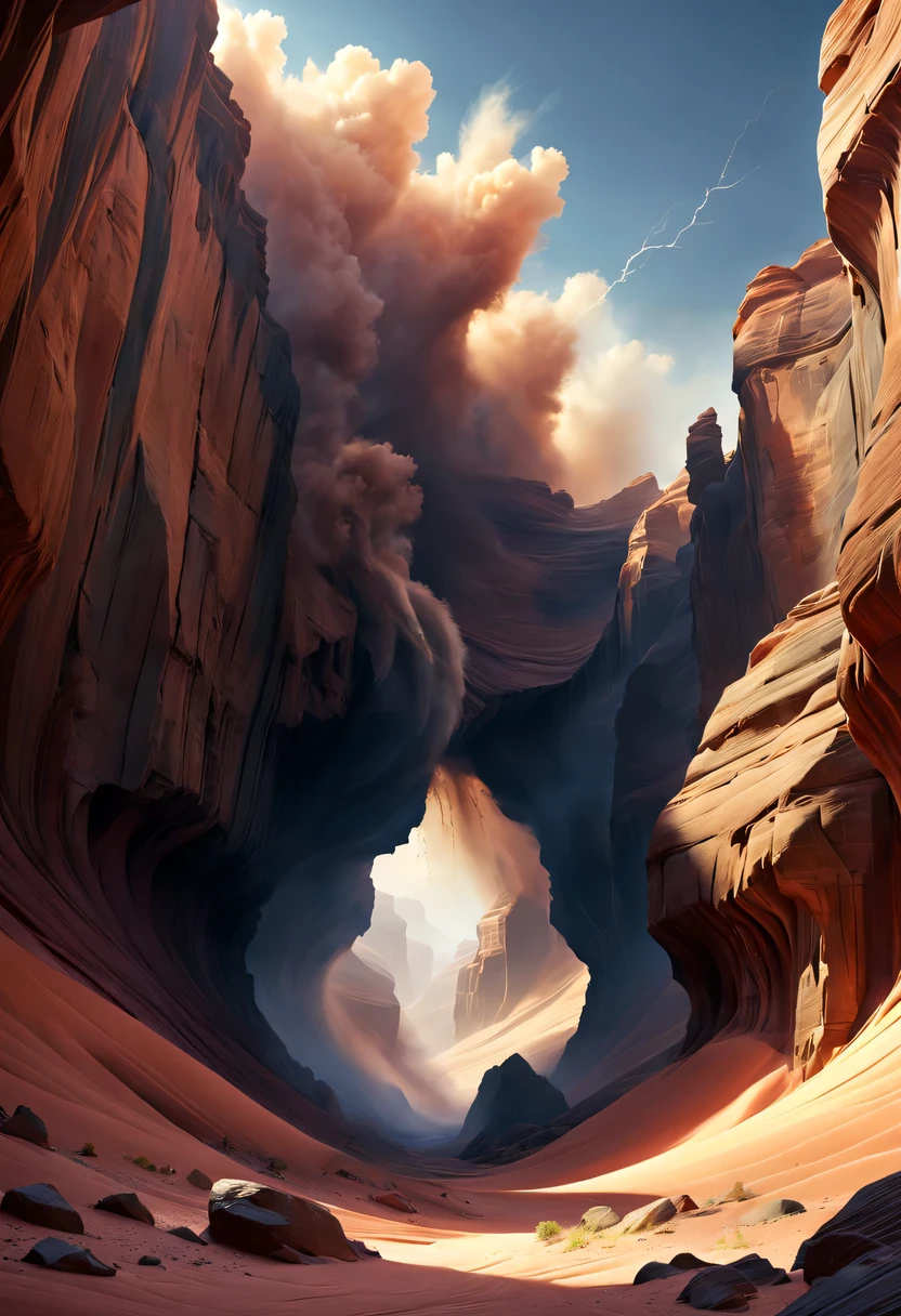 (desert canyon:1.5)，Narrow canyon in the middle of the desert,sandstorm，tornado，广阔的desert canyon,dramatic scenery,red sandstone formation,huge rock cliff,stunning landscape,deep and narrow ravine, in the style of photo realistic landscapes, Stone sculptures, cabin core, Stone, in the style of photo realistic landscapes, cabin core, tumbling wave,decorative background, photo realistic landscapes, large canvas format, 32k Ultra HD, photo, The best qualities of imaginative landscapes,4K,8k,high resolution,masterpiece:1.2),Super detailed,(actual,realistically,realistically:1.37),