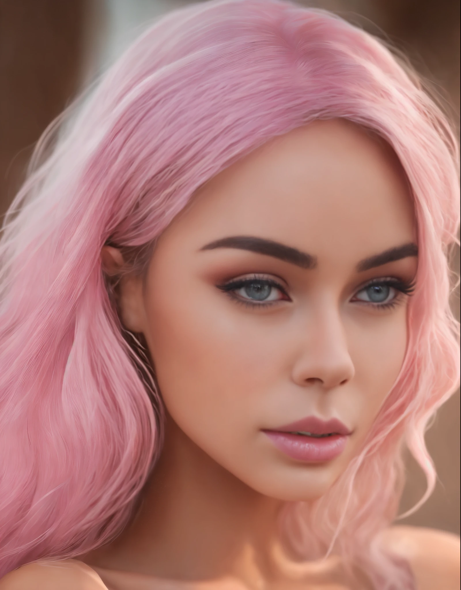 realistic portrait photo of beautiful woman with pink hair, hair roots slightly faded, spanish, influencer, light freckles, light brown eyes, no makeup, instagram  --auto --s2