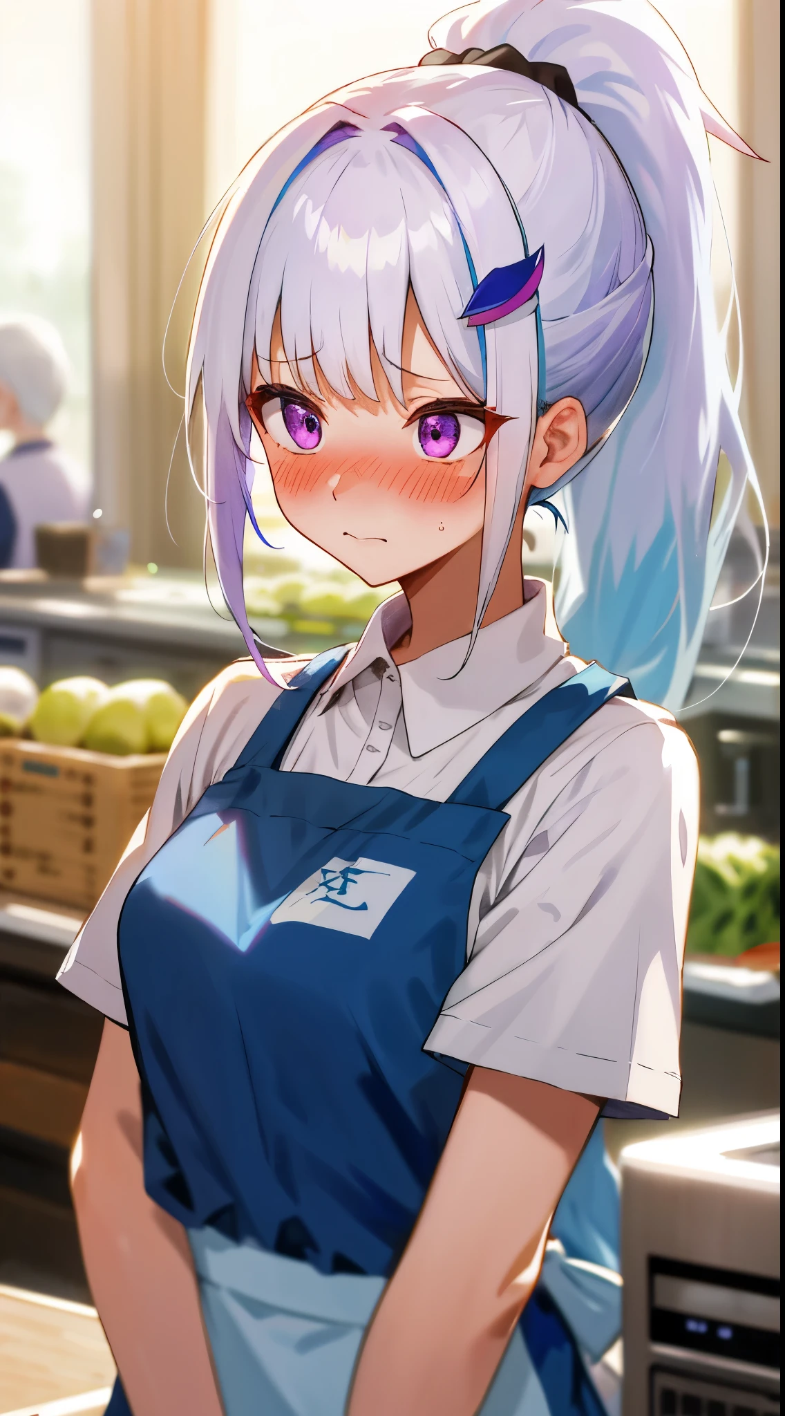 One girl with high ponytail hair, bangs, white hair, blue inner hair:1.25) , purple eyes, looking away, blushing, embarrassed, indoor, market, cashier, t shirt, apron, mid-chest, day atmosphere, hair ornament, medium breasts, upper body, focus, blurry background