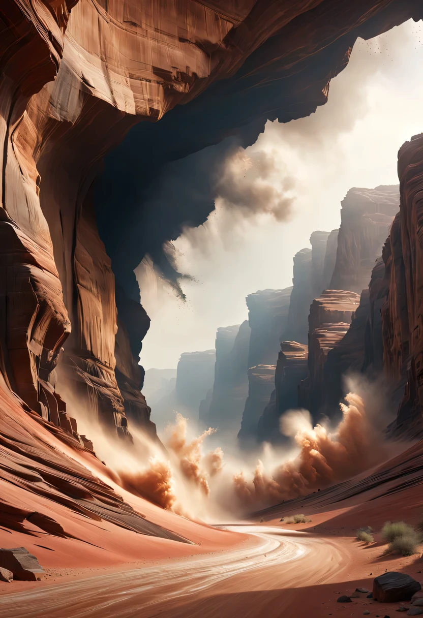 (desert canyon:1.5),Narrow canyon in the middle of the desert,sandstorm,tornado,广阔的desert canyon,dramatic scenery,red sandstone formation,huge rock cliff,stunning landscape,deep and narrow ravine, in the style of photo realistic landscapes, Stone sculptures, cabin core, Stone, in the style of photo realistic landscapes, cabin core, tumbling wave,decorative background, photo realistic landscapes, large canvas format, 32k Ultra HD, photo, The best qualities of imaginative landscapes,4K,8k,high resolution,masterpiece:1.2),Super detailed,(actual,realistically,realistically:1.37),