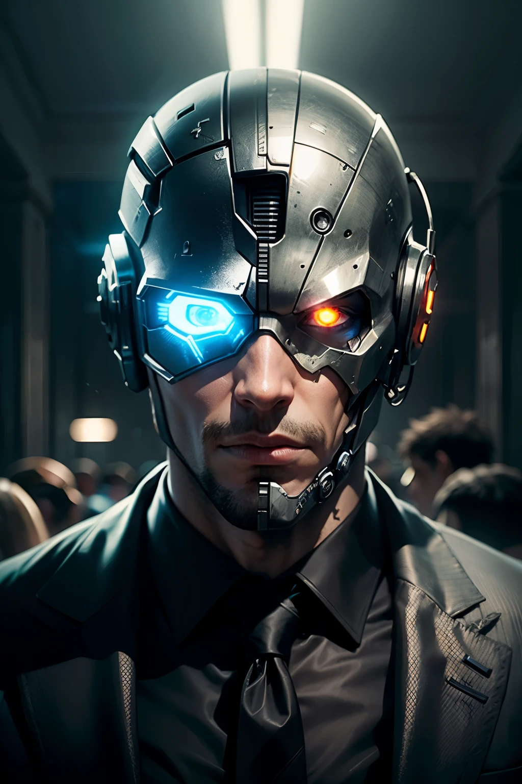 homem com (human head wearing black suit | cyborg head wearing black suit:1.2), parte superior do corpo, HDR , Cinematic lighting