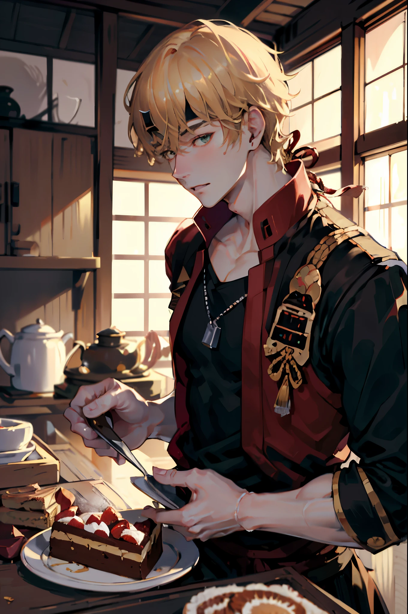 extremely delicate and beautiful, Amazing, finely detail, masterpiece, ultra-detailed, highres,best illustration, best shadow,intricate,sharp focus, high quality, ((1 male solo, handsome, broad shoulders, blond hair)), red and black jacket, black hairband, at the old japanese kitchen, baking a cake, cakes, old japanese house