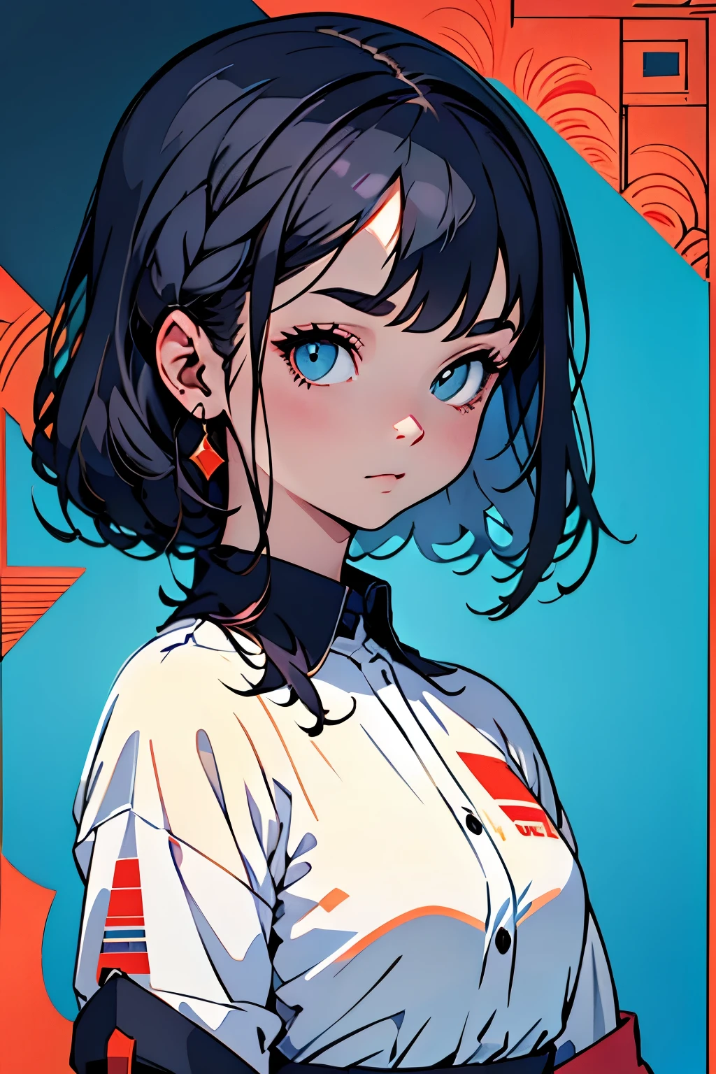 complex geometric pattern background、color oscuro、Pretty girl、Un pelo largo y con ondas、mirando hacia otro lado、blanco holgadoTLa camisa、Camisa estampada、Ropa holgada、Retro、de primera calidad、ultra detallado、Detalles de alta calidad
