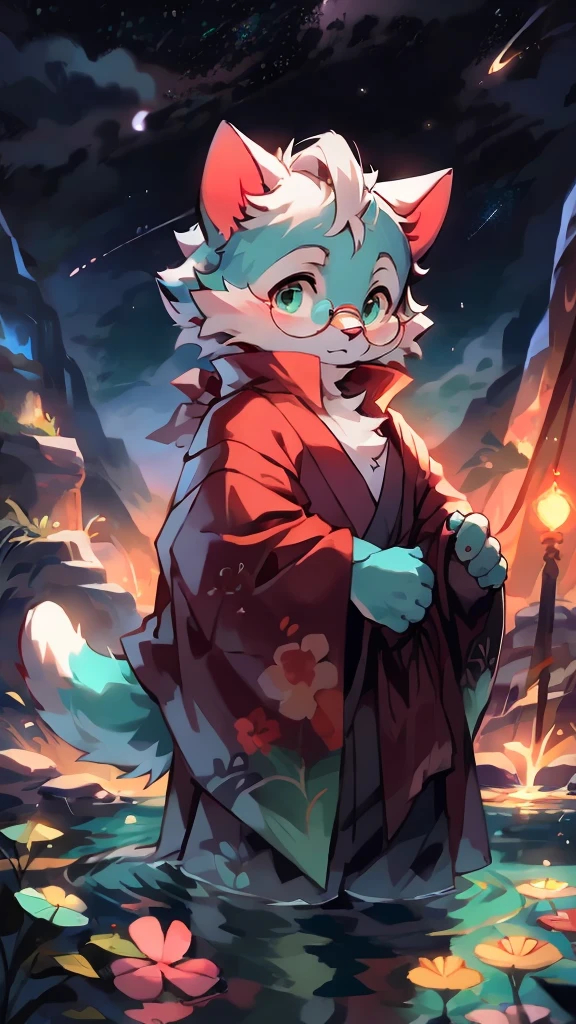 a portrait of a old, fully grown mature and aged male cat with big round circle glasses and a red scarf, The cat is very tall. bushy tail, and perked-up fluffy big ears, one ear is lowered. He is fully clothed, he wears a fluffy warm and cozy kimono, a handsome cat fursona with teal fur color, the chest has white fur, white fur around his mouth and cheeks, medium-length white hair, fluffy black cat ears, and a fluffy white neck. He is standinf on water, He is looking up at the colorful starry sky, there are shooting stars, and in the background an incredibly detailed background, detailed eyes