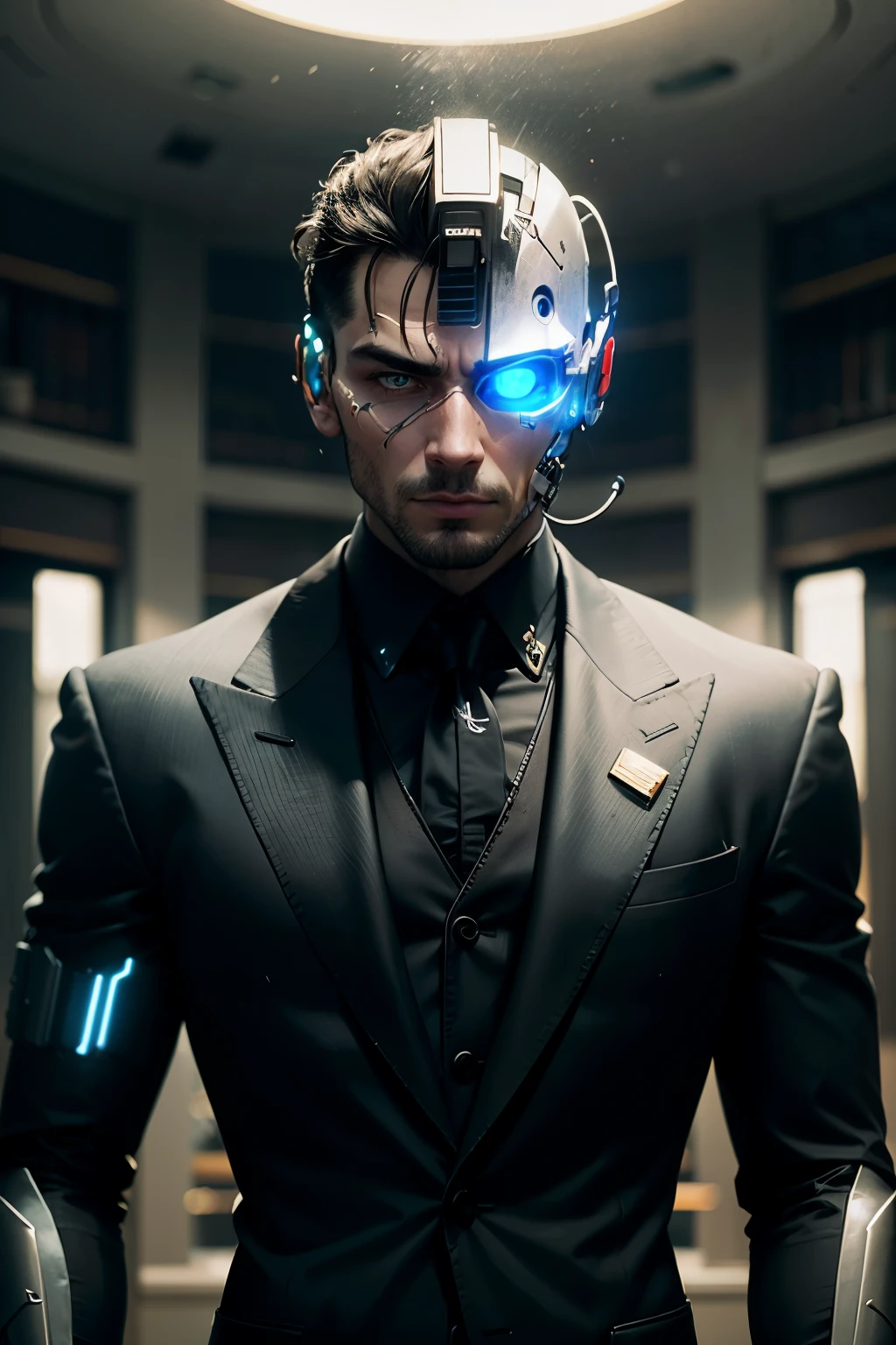 homem com (human head wearing black suit | cyborg head wearing black suit:1.2), parte superior do corpo, HDR , Cinematic lighting