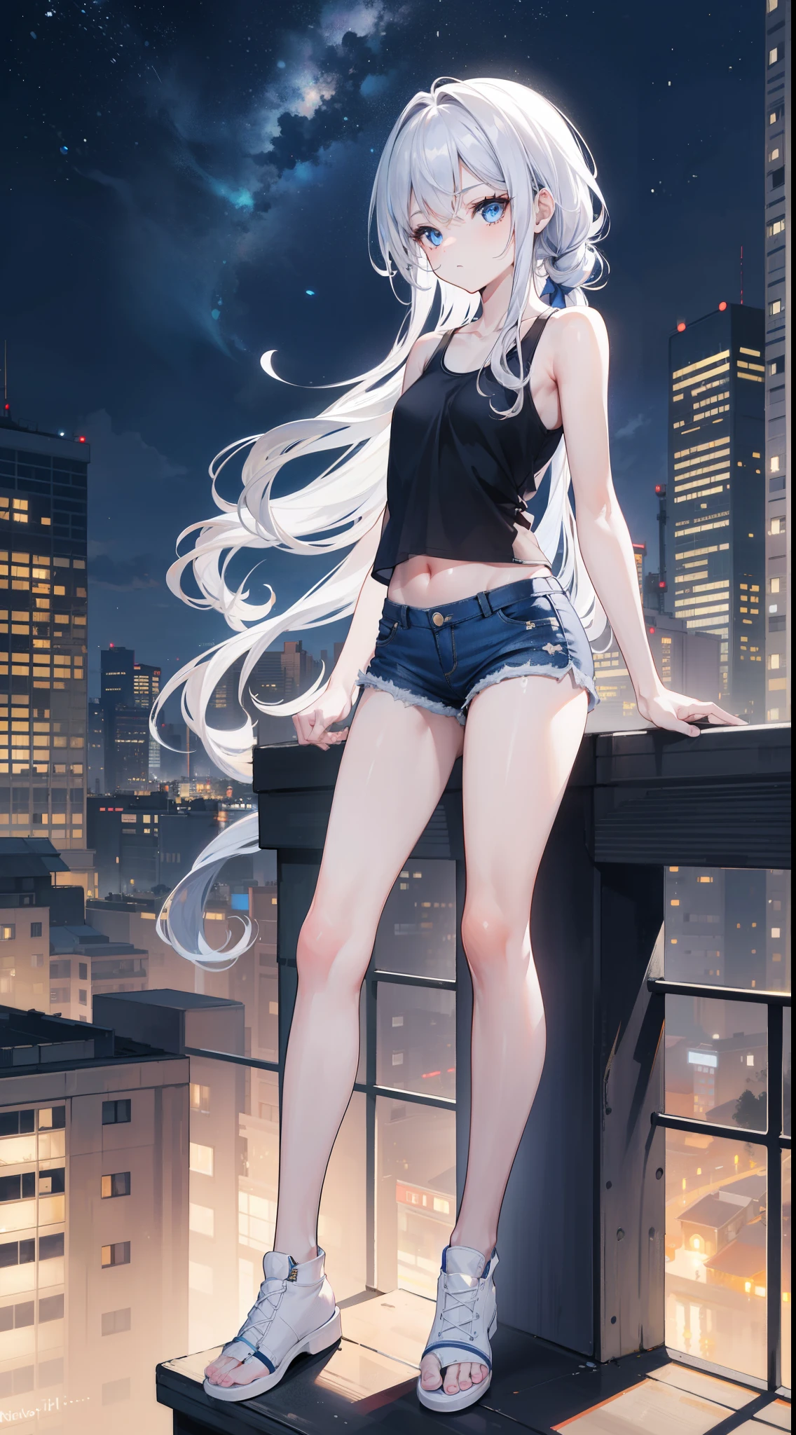 32K, Best Quality, Ultra-detailed, High resolution, Perfect Anatomy, from the front side, Beautiful city background, Night, cute , Beautiful blue eyes, Ideal ratio body proportions, Tank top, Jeans shorts, Silver hair, Long hair,Twin-tailed,