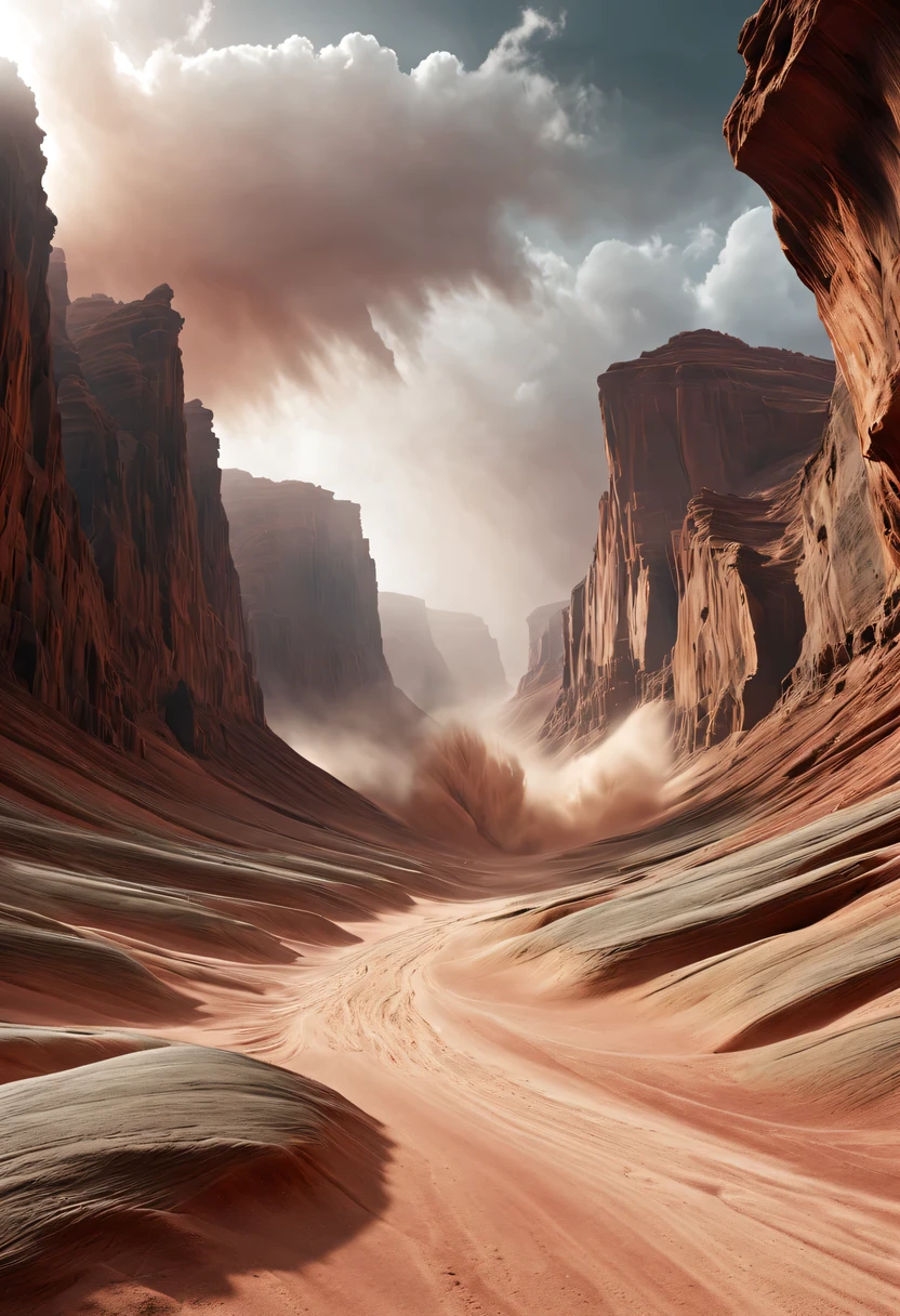 (desert canyon:1.5),Narrow canyon in the middle of the desert,sandstorm,tornado,广阔的desert canyon,dramatic scenery,red sandstone formation,huge rock cliff,stunning landscape,deep and narrow ravine, in the style of photo realistic landscapes, Stone sculptures, cabin core, Stone, in the style of photo realistic landscapes, cabin core, tumbling wave,decorative background, photo realistic landscapes, large canvas format, 32k Ultra HD, photo, The best qualities of imaginative landscapes,4K,8k,high resolution,masterpiece:1.2),Super detailed,(actual,realistically,realistically:1.37),