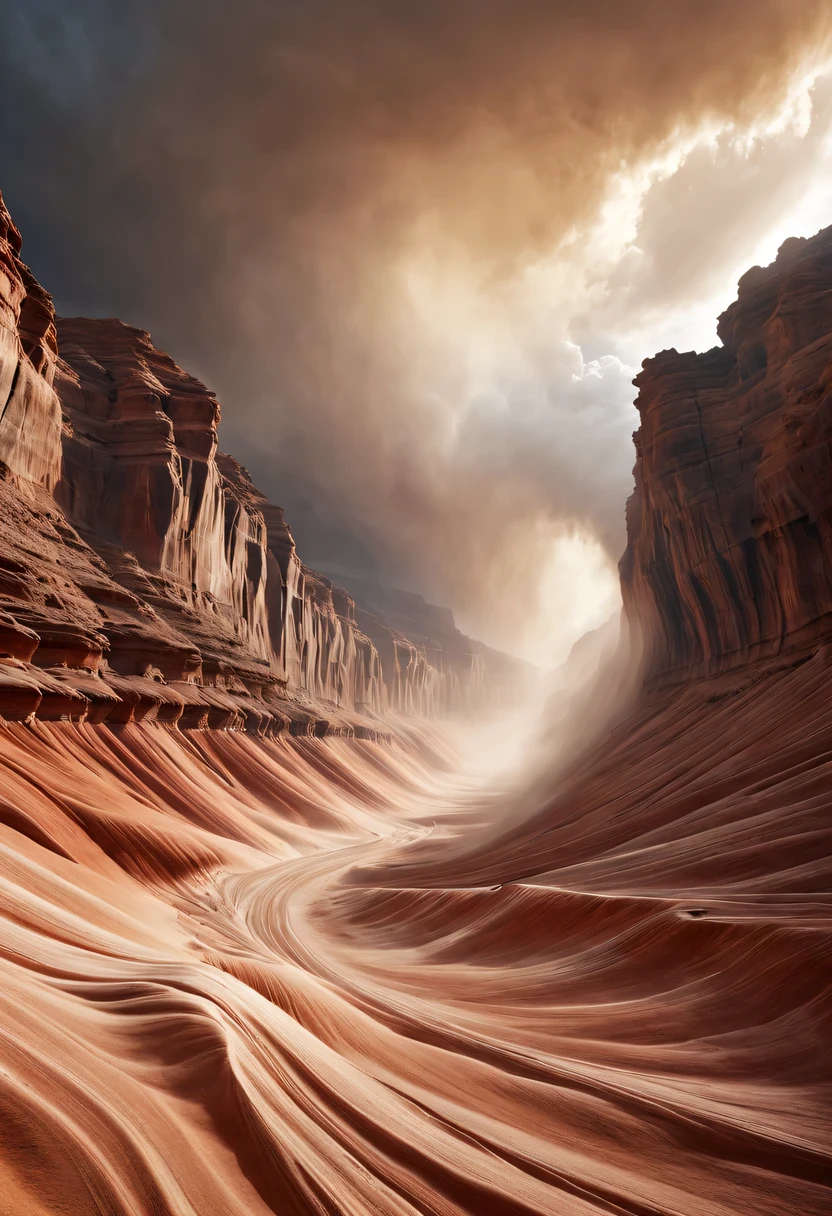 (desert canyon:1.5),Narrow canyon in the middle of the desert,sandstorm,tornado,广阔的desert canyon,dramatic scenery,red sandstone formation,huge rock cliff,stunning landscape,deep and narrow ravine, in the style of photo realistic landscapes, Stone sculptures, cabin core, Stone, in the style of photo realistic landscapes, cabin core, tumbling wave,decorative background, photo realistic landscapes, large canvas format, 32k Ultra HD, photo, The best qualities of imaginative landscapes,4K,8k,high resolution,masterpiece:1.2),Super detailed,(actual,realistically,realistically:1.37),