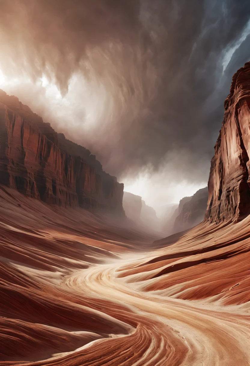 (desert canyon:1.5),Narrow canyon in the middle of the desert,sandstorm,tornado,广阔的desert canyon,dramatic scenery,red sandstone formation,huge rock cliff,stunning landscape,deep and narrow ravine, in the style of photo realistic landscapes, Stone sculptures, cabin core, Stone, in the style of photo realistic landscapes, cabin core, tumbling wave,decorative background, photo realistic landscapes, large canvas format, 32k Ultra HD, photo, The best qualities of imaginative landscapes,4K,8k,high resolution,masterpiece:1.2),Super detailed,(actual,realistically,realistically:1.37),