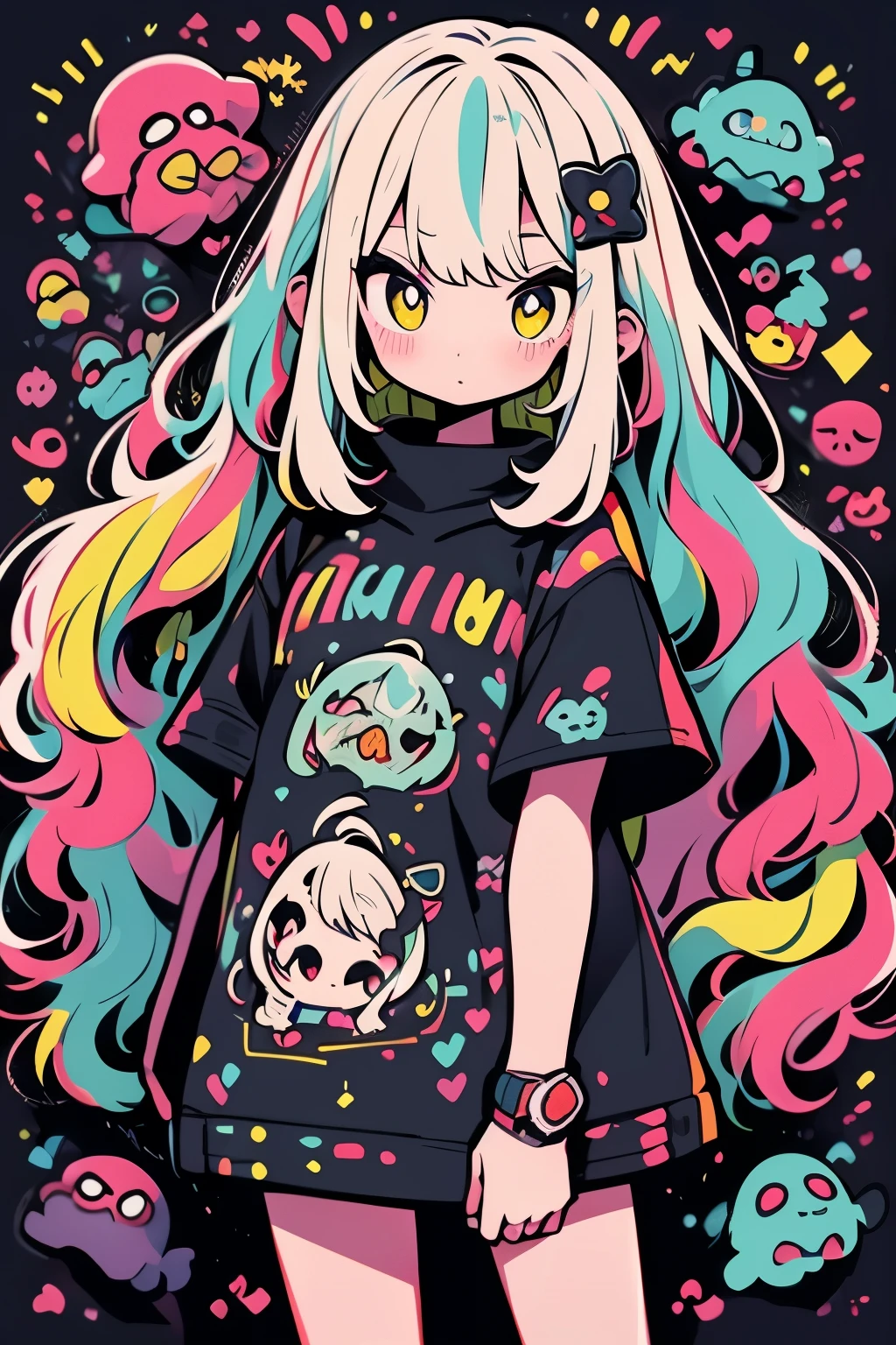 alta calidad、neon color palette、calidad de imagen de alto nivel、chica kawaii、Cantidad de dibujo sin precedentes、estilo anime、Geometric pattern background、estilo de etiqueta、pelo largo、pelo negro、Ojos rojos, Heart-shaped pupils., pelo ondulado, Menhera, Ropa poco ajustada, vestido negro, Red heart-shaped neckline, self harm, Guro, Oscuro, Oscuro eyes, Sangre, espeluznante, eroGuro, Cuernos del diablo, Oscuro circles, neon, fatiga ocular, bubble tea, fallo, Retro, aterrador, demonio, globo ocular, fantasma, horror, Sangreied, colourful Sangre, fallo