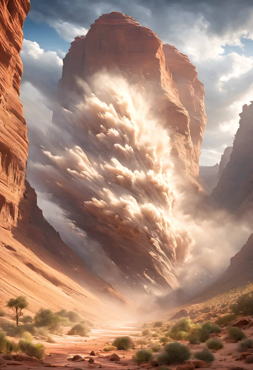 (desert canyon:1.5),Narrow canyon in the middle of the desert,sandstorm,tornado,广阔的desert canyon,dramatic scenery,red sandstone formation,huge rock cliff,stunning landscape,deep and narrow ravine, in the style of photo realistic landscapes, Stone sculptures, cabin core, Stone, in the style of photo realistic landscapes, cabin core, tumbling wave,decorative background, photo realistic landscapes, large canvas format, 32k Ultra HD, photo, The best qualities of imaginative landscapes,4K,8k,high resolution,masterpiece:1.2),Super detailed,(actual,realistically,realistically:1.37),
