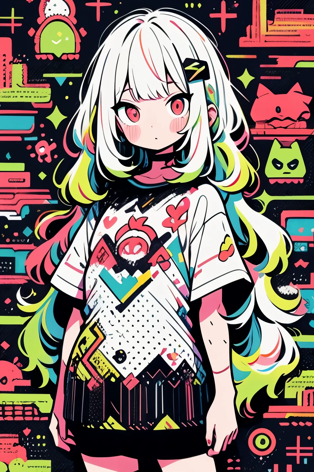 alta calidad、neon color palette、calidad de imagen de alto nivel、chica kawaii、Cantidad de dibujo sin precedentes、estilo anime、Geometric pattern background、estilo de etiqueta、pelo largo、pelo negro、Ojos rojos, Heart-shaped pupils., pelo ondulado, Menhera, Ropa poco ajustada, vestido negro, Red heart-shaped neckline, self harm, Guro, Oscuro, Oscuro eyes, Sangre, espeluznante, eroGuro, Cuernos del diablo, Oscuro circles, neon, fatiga ocular, bubble tea, fallo, Retro, aterrador, demonio, globo ocular, fantasma, horror, Sangreied, colourful Sangre, fallo
