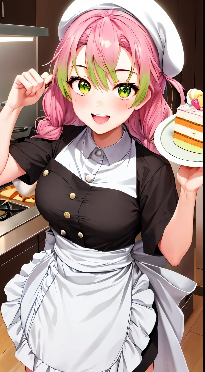 Masseter muscle part, highest quality, ultra high resolution, highest quality, anime style, best lighting, beautiful face, masterpiece, 8K, High level image quality, High pixel count, 1 female, 1 girl,alone, pink and green gradation hair, yellow eyes, big smile, Full body Esbian, (Centered on the face:1.1), facing the front, Kitchen background, upper body, (small breasts:1.1), (chef:1.3), Making a cake, (beret chef hat:1.3)