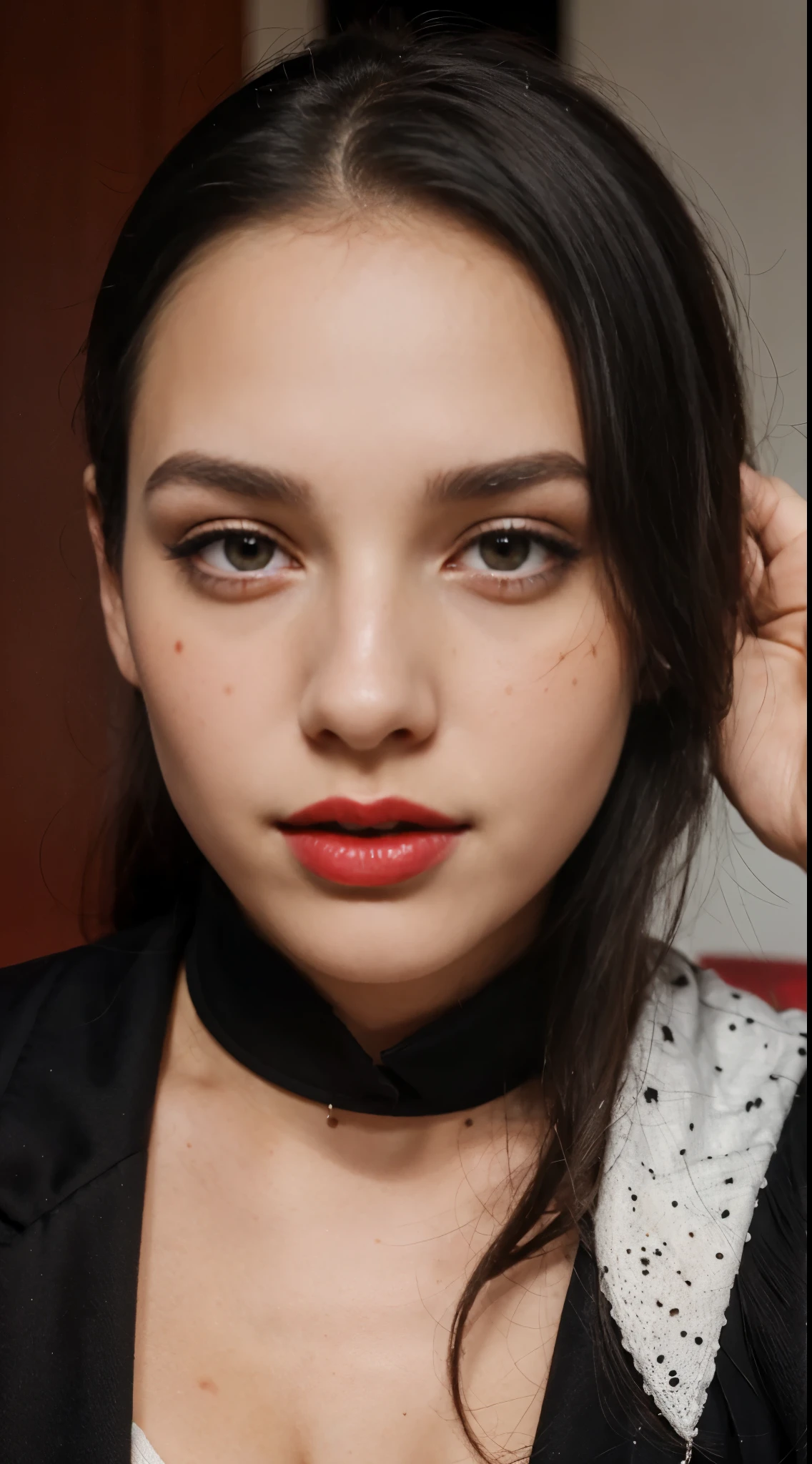 full view of a beautiful woman in 9:16 ratio wearing a black mini skirt, lustful , red lips, full face makeup, acne, pimples, spots, blemishes, looking adorable, gorgeous
