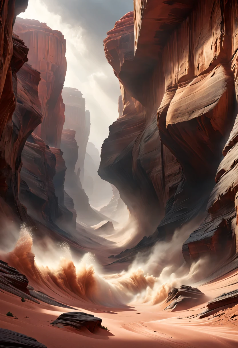 (desert canyon:1.5)，Narrow canyon in the middle of the desert,sandstorm，tornado，广阔的desert canyon,dramatic scenery,red sandstone formation,huge rock cliff,stunning landscape,deep and narrow ravine, in the style of photo realistic landscapes, Stone sculptures, cabin core, Stone, in the style of photo realistic landscapes, cabin core, tumbling wave,decorative background, photo realistic landscapes, large canvas format, 32k Ultra HD, photo, The best qualities of imaginative landscapes,4K,8k,high resolution,masterpiece:1.2),Super detailed,(actual,realistically,realistically:1.37),