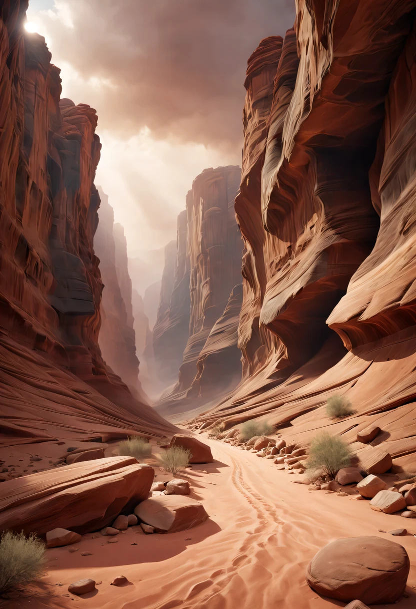 (desert canyon:1.5)，Narrow canyon in the middle of the desert,sandstorm，tornado，广阔的desert canyon,dramatic scenery,red sandstone formation,huge rock cliff,stunning landscape,deep and narrow ravine, in the style of photo realistic landscapes, Stone sculptures, cabin core, Stone, in the style of photo realistic landscapes, cabin core, tumbling wave,decorative background, photo realistic landscapes, large canvas format, 32k Ultra HD, photo, The best qualities of imaginative landscapes,4K,8k,high resolution,masterpiece:1.2),Super detailed,(actual,realistically,realistically:1.37),