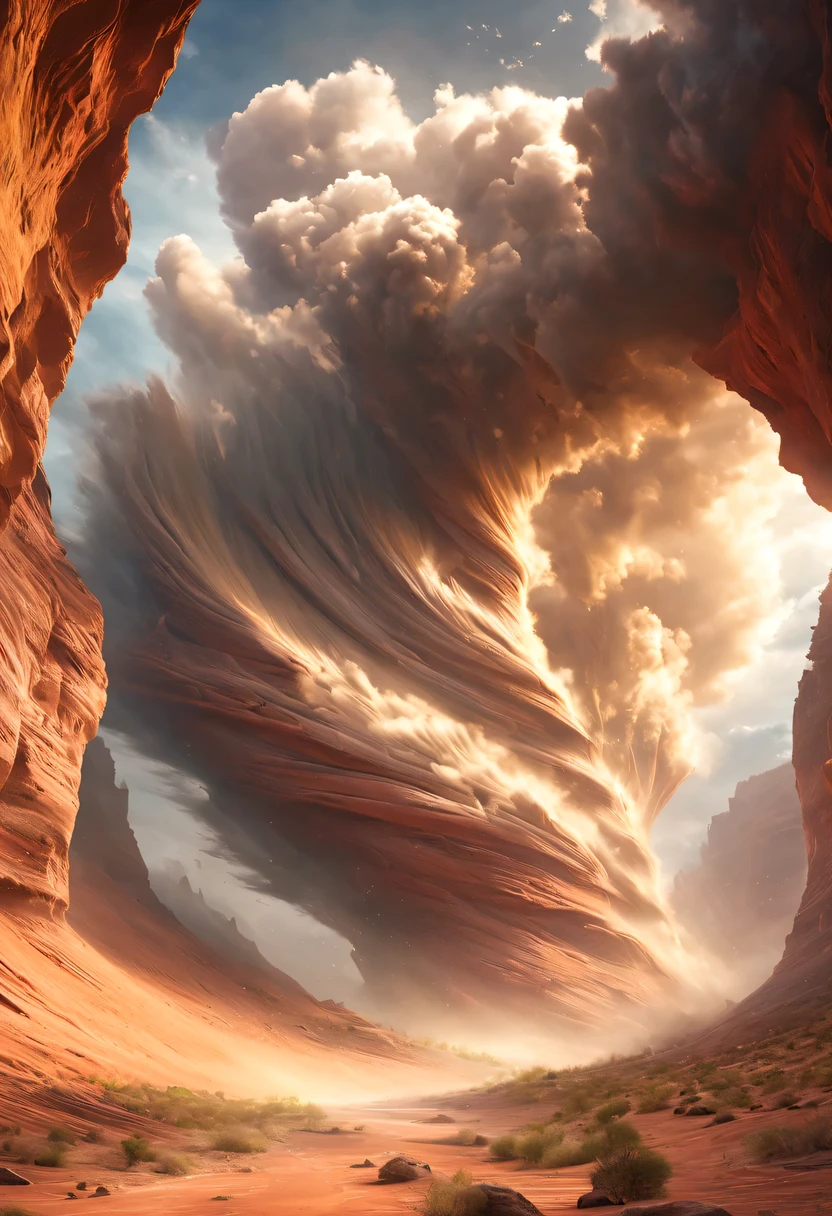 (desert canyon:1.5)，Narrow canyon in the middle of the desert,sandstorm，tornado，广阔的desert canyon,dramatic scenery,red sandstone formation,huge rock cliff,stunning landscape,deep and narrow ravine, in the style of photo realistic landscapes, Stone sculptures, cabin core, Stone, in the style of photo realistic landscapes, cabin core, tumbling wave,decorative background, photo realistic landscapes, large canvas format, 32k Ultra HD, photo, The best qualities of imaginative landscapes,4K,8k,high resolution,masterpiece:1.2),Super detailed,(actual,realistically,realistically:1.37),