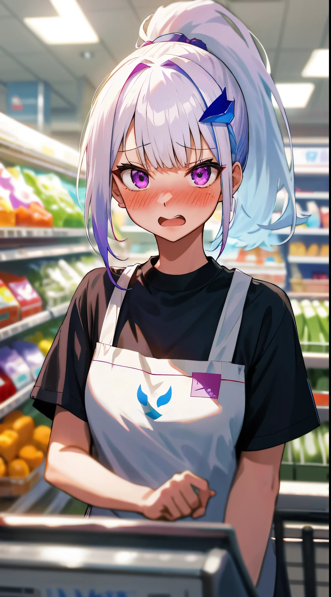 One girl with high ponytail hair, bangs, white hair, blue inner hair:1.25) , purple eyes, looking at viewer, blushing, embarrassed, open mouth, indoor, supermarket, cashier, t shirt, apron, mid-chest, day atmosphere, hair ornament, medium breasts, upper body, focus, blurry background