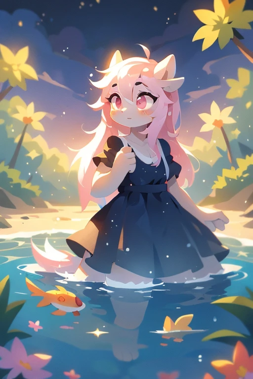 Pony, pegasus, stars, white, colored hair, волосся rainbow 🌈, spring, pink eyes, in the water, river, lake, koi fish swims, rainbow, long dress, white сукня, water drops fly, dew drops around, light, morning, white, magic, magic води, looking into the water