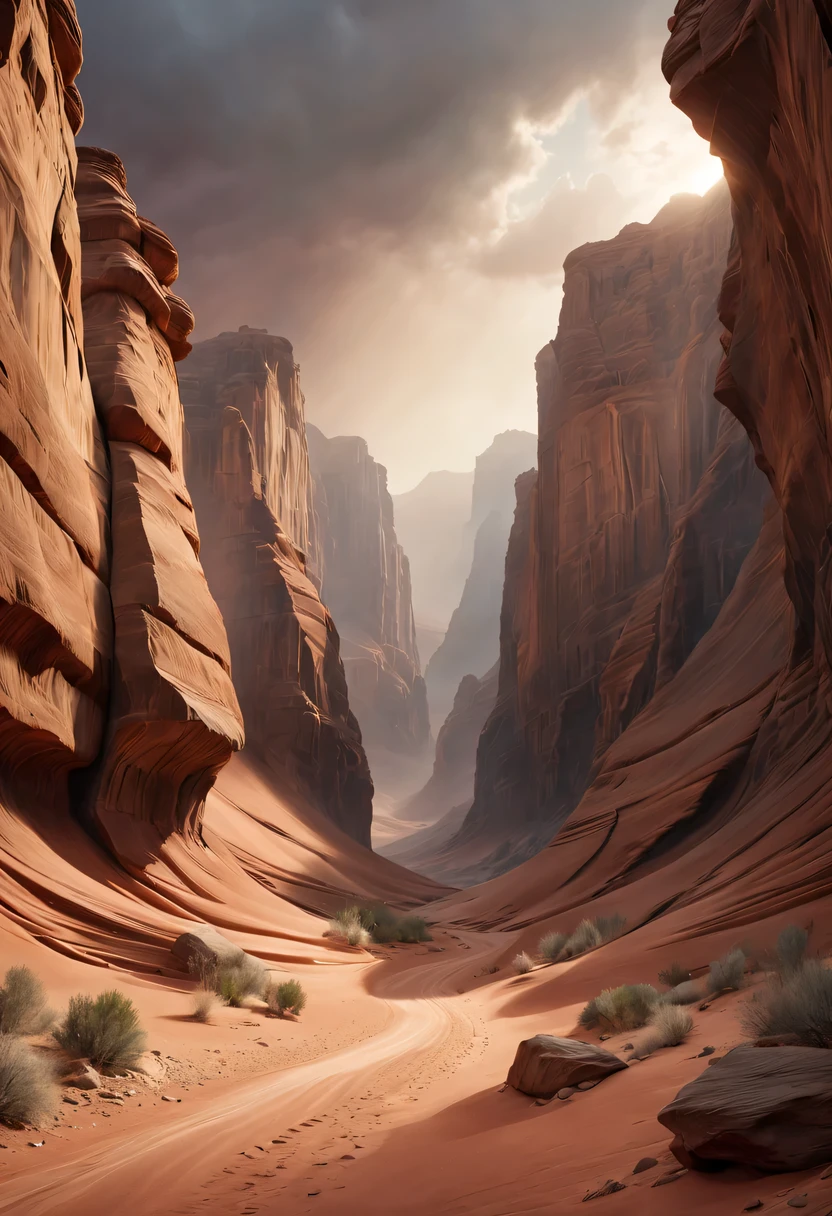 (desert canyon:1.5)，Narrow canyon in the middle of the desert,sandstorm，tornado，广阔的desert canyon,dramatic scenery,red sandstone formation,huge rock cliff,stunning landscape,deep and narrow ravine, in the style of photo realistic landscapes, Stone sculptures, cabin core, Stone, in the style of photo realistic landscapes, cabin core, tumbling wave,decorative background, photo realistic landscapes, large canvas format, 32k Ultra HD, photo, The best qualities of imaginative landscapes,4K,8k,high resolution,masterpiece:1.2),Super detailed,(actual,realistically,realistically:1.37),