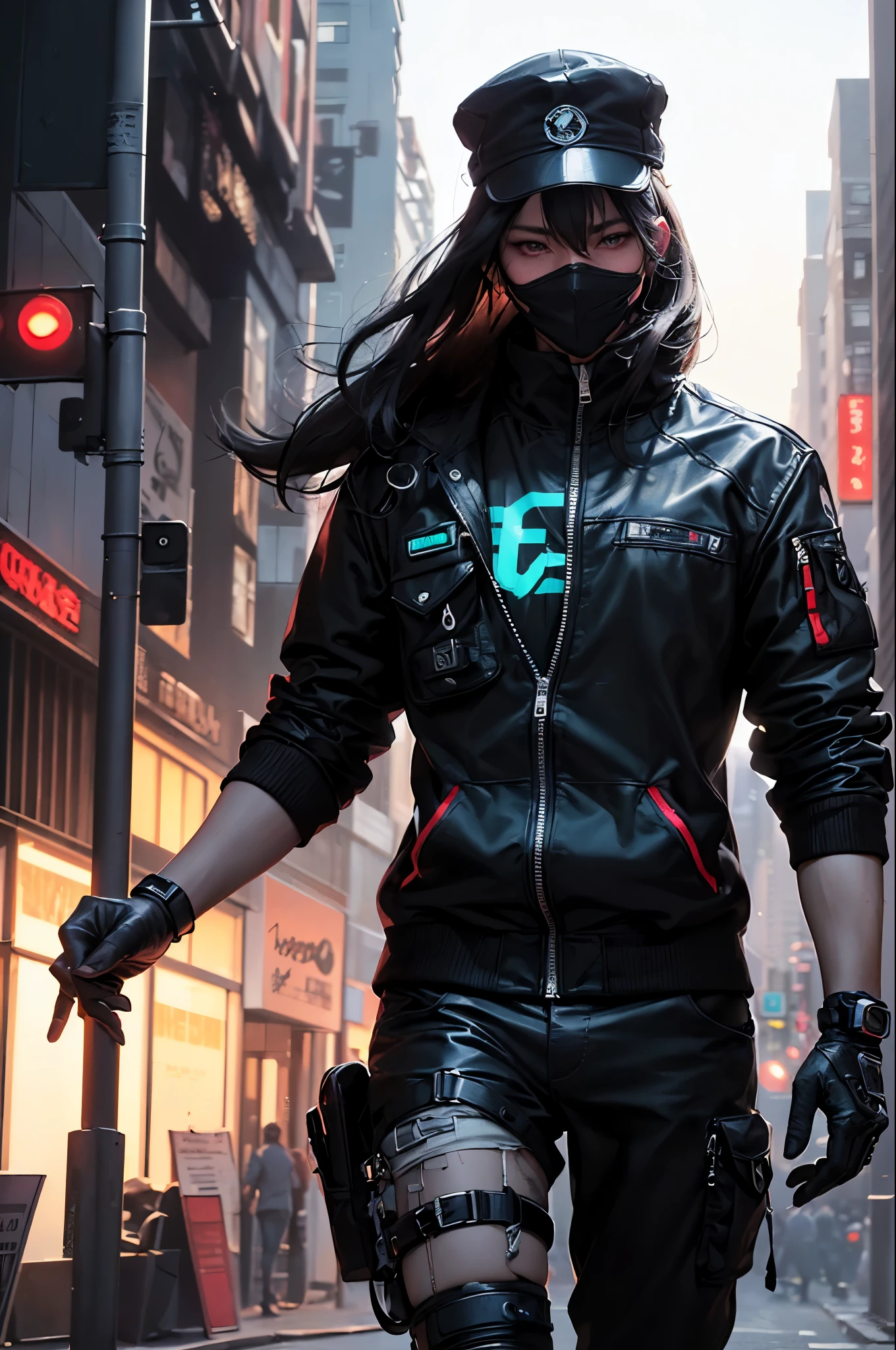 (a closeup:1.4),(Raw photography:1.2),(Photorealsitic:1.4),(​masterpiece:1.3,(top-quality:1.4), 
Highly detailed facial and skin texture, stylish cybernetic cyberpunk a young man dynamic pose (looking at viewer), wearing black face mask,  black cap, full black jacket, the hand hold black smartphone, in a cyberpunk style city background,  night time. The environment is dark, with lighting that highlights the shadows. Buildings and distant lights are obscured by the night, producing trails of colorful and vibrant lights in the background. The camera is positioned at a dynamic angle, as if it were a film shot, giving a sense of action and suspense. 8k, uhd, cinematic shot