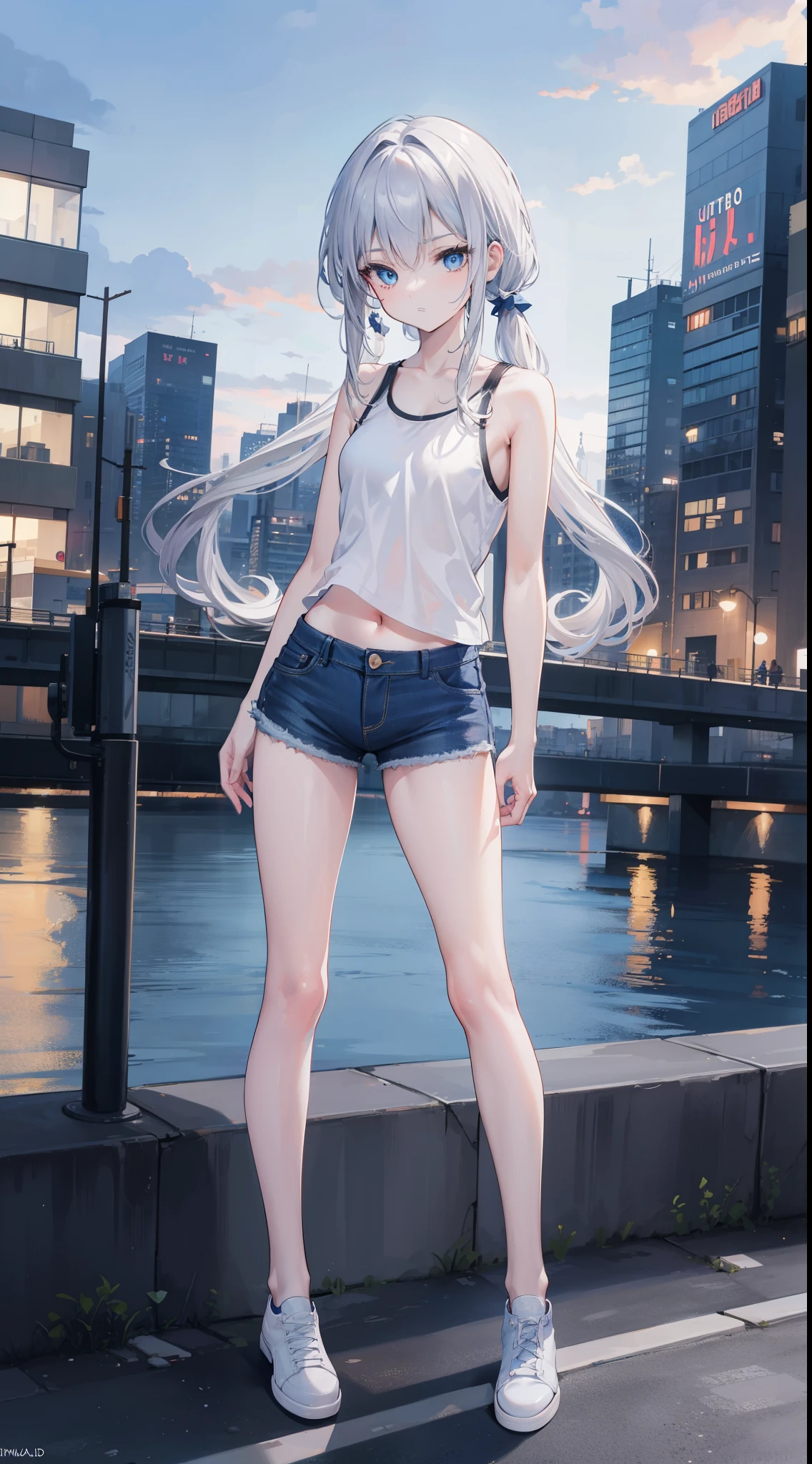32K, Best Quality, Ultra-detailed, High resolution, Perfect Anatomy, from the front side, Beautiful city background, Night, cute , Beautiful blue eyes, Ideal ratio body proportions, Tank top, Jeans shorts, Silver hair, Long hair,Twin-tailed,