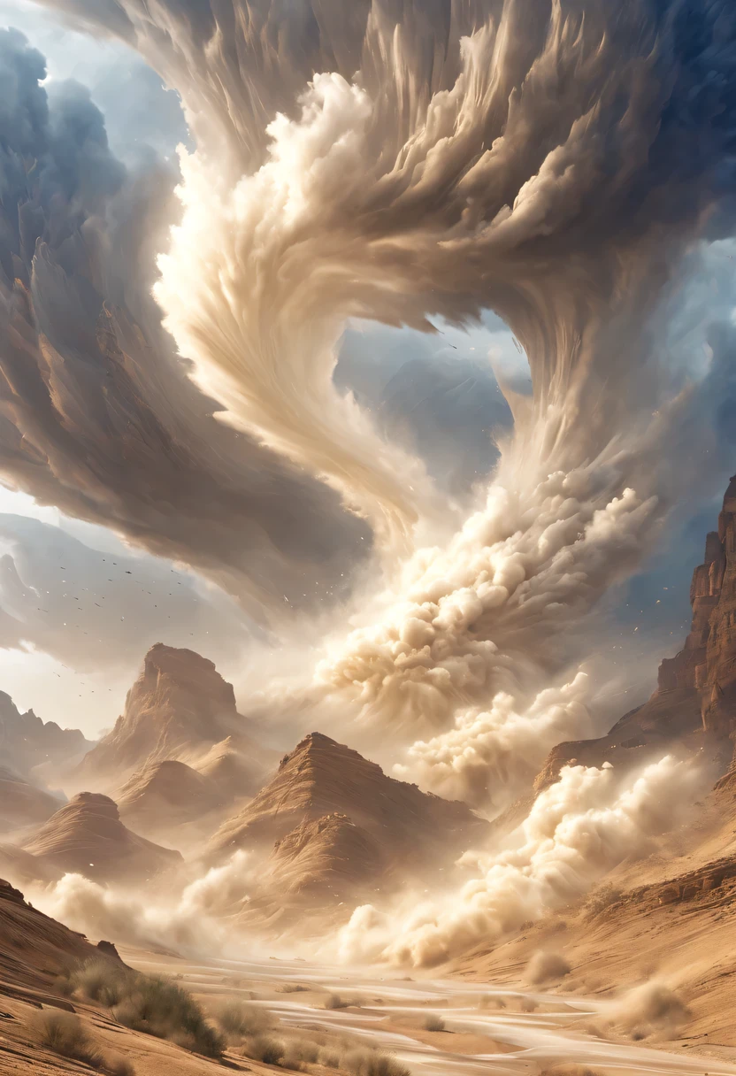 (desert canyon:1.5)，Narrow canyon in the middle of the desert,sandstorm，tornado， in the style of photo realistic landscapes, Stone sculptures, cabin core, Stone, in the style of photo realistic landscapes, cabin core, rolling waves,decorative background, photo realistic landscapes, large canvas format, 32k ultra high definition, photo, The best qualities of imaginative landscapes,4K,8k,high resolution,masterpiece:1.2),Super detailed,(actual,realistically,realistically:1.37),