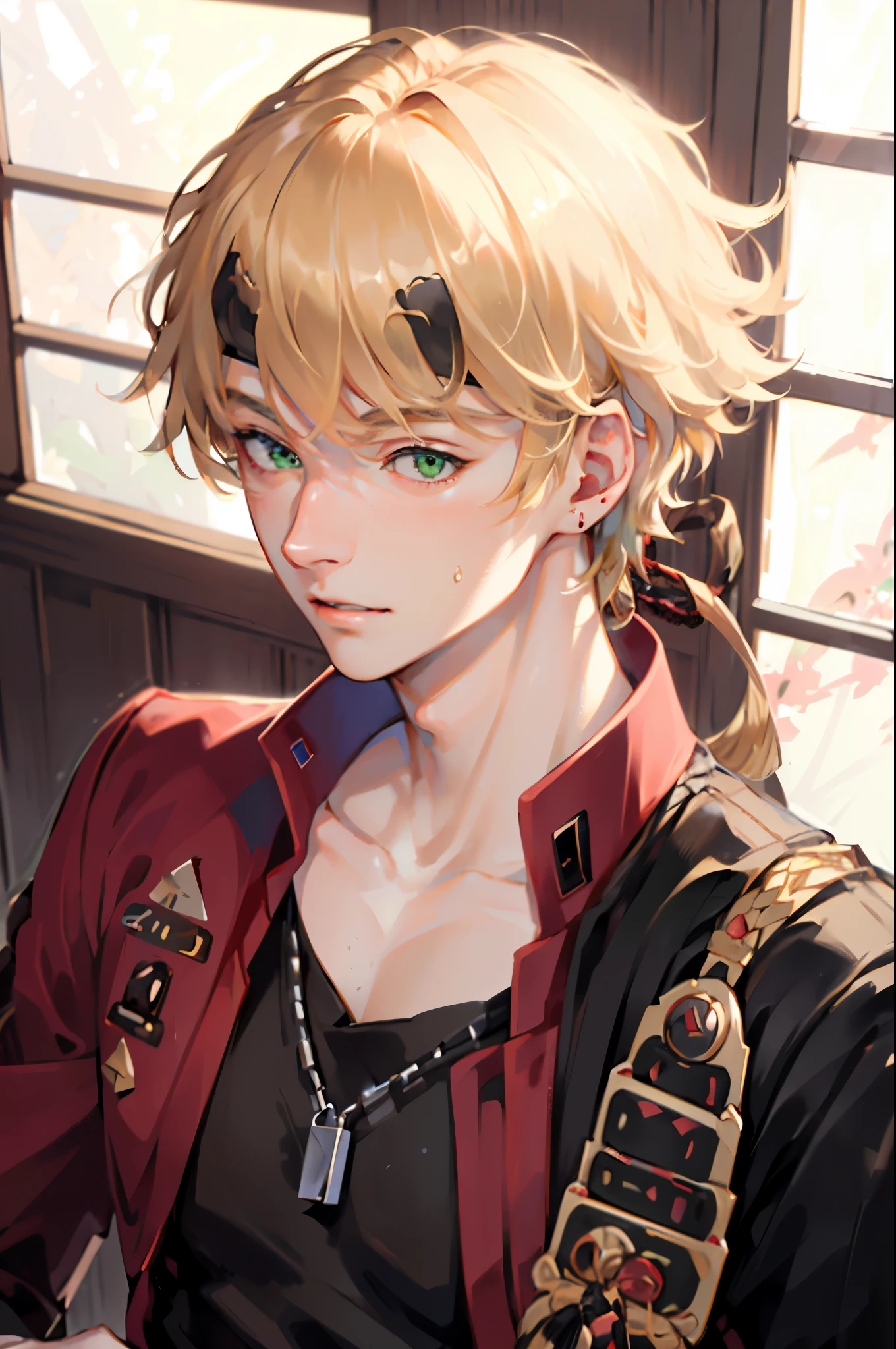 extremely delicate and beautiful, Amazing, finely detail, masterpiece, ultra-detailed, highres,best illustration, best shadow,intricate,sharp focus, high quality, ((1 male solo, handsome, broad shoulders, blond hair, green eyes)), red and black jacket, black hairband, at the old japanese kitchen, baking a cake, cakes, old japanese house