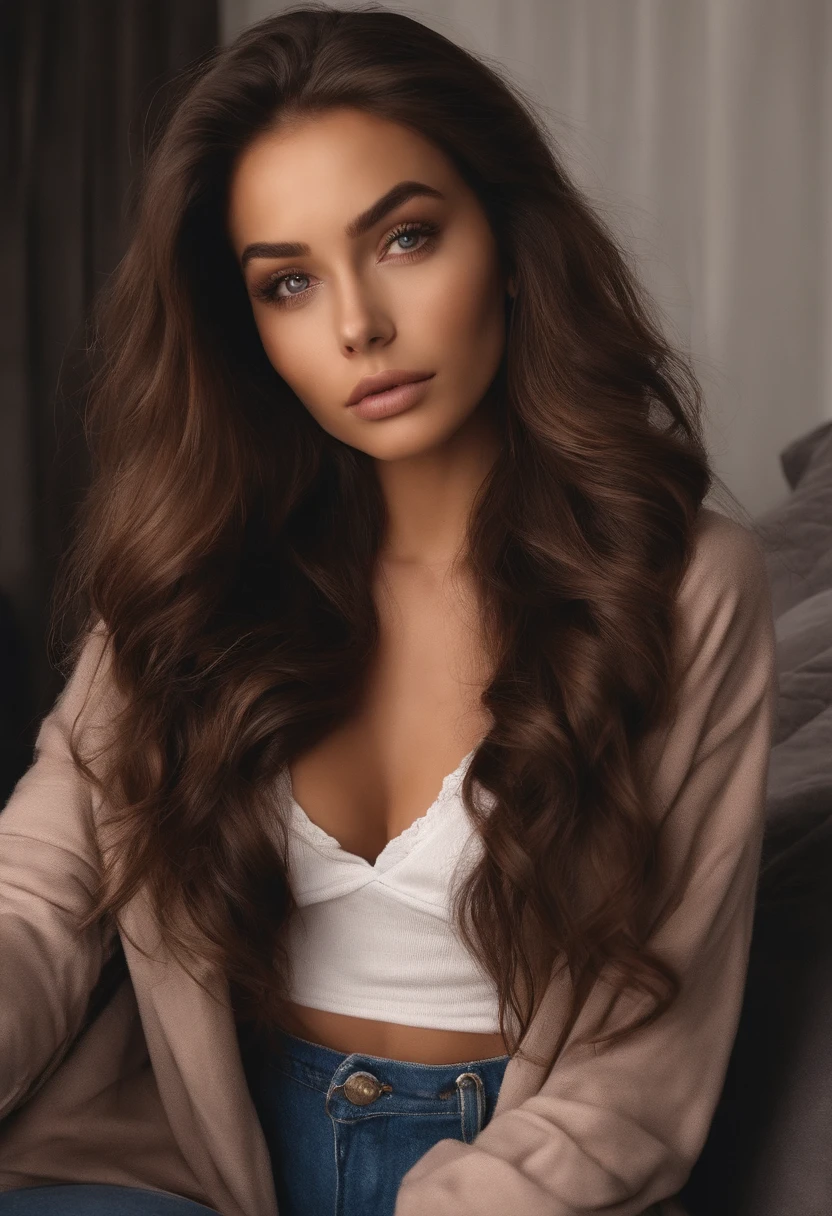Femme avec un beau sous-vêtement sur,  aux yeux marrons, Sophie Mudd, cheveux bruns et grands yeux,yeux de la chambre, violette myers, sans maquillage, maquillage naturel, Visage avec Artgram, maquillage subtil,selfie sur le lit, clivage, à moitié nu, coup de crosse, gros fesses
