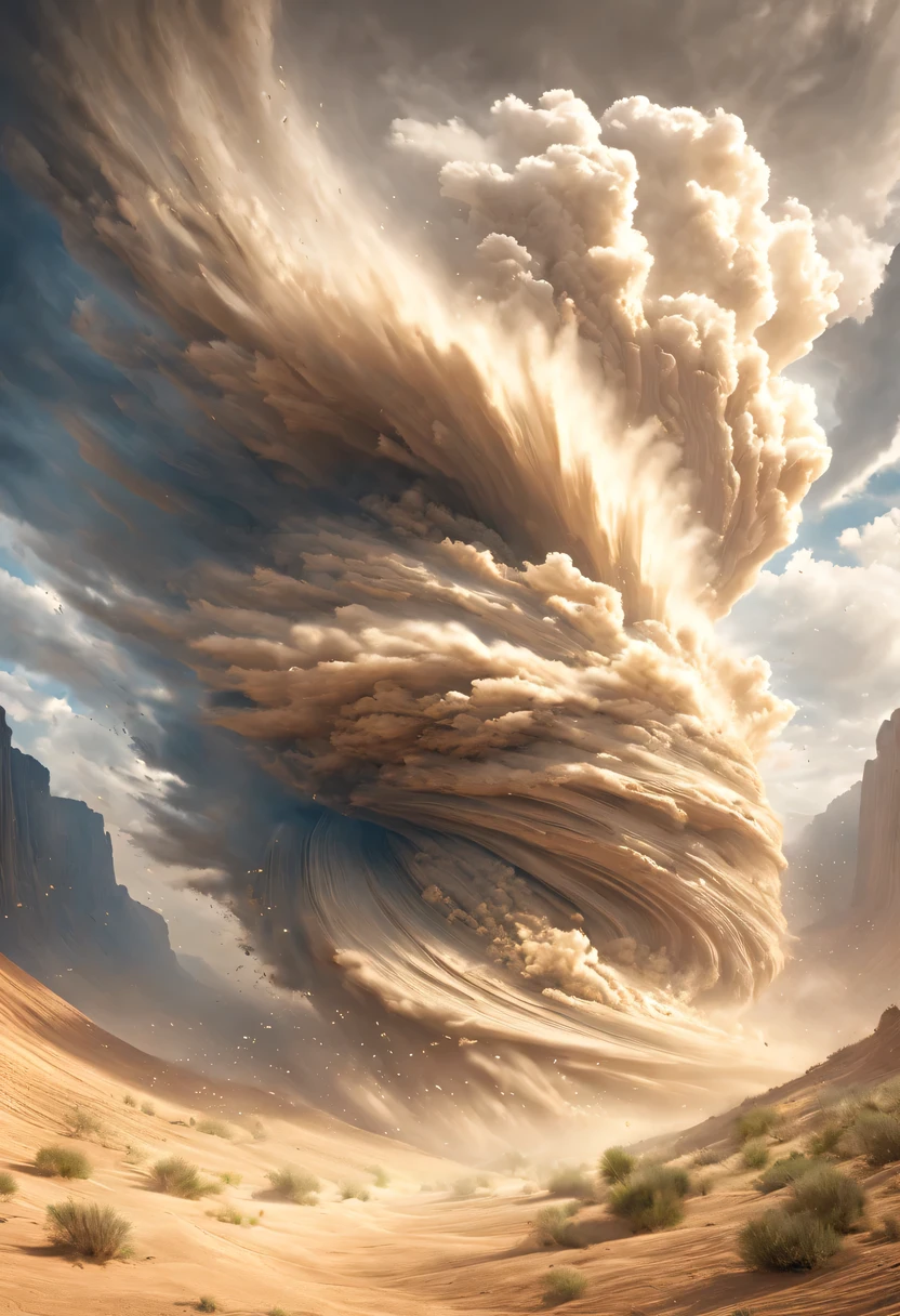 (desert canyon:1.5)，Narrow canyon in the middle of the desert,sandstorm，tornado， in the style of photo realistic landscapes, Stone sculptures, cabin core, Stone, in the style of photo realistic landscapes, cabin core, rolling waves,decorative background, photo realistic landscapes, large canvas format, 32k ultra high definition, photo, The best qualities of imaginative landscapes,4K,8k,high resolution,masterpiece:1.2),Super detailed,(actual,realistically,realistically:1.37),