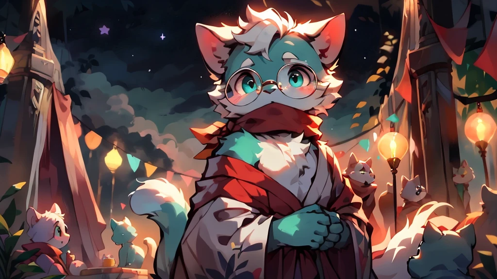 a portrait of a old, fully grown mature and aged male cat with big round circle glasses and a red scarf, The cat is very tall. bushy tail, and perked-up fluffy big ears, one ear is lowered. He wears a fluffy warm and cozy kimono, a handsome cat fursona with teal fur color, the chest has white fur, white fur around his mouth and cheeks, medium-length white hair, fluffy black cat ears, and a fluffy white neck. He is looking up at the colorful starry sky, and in the background an incredibly detailed background, detailed eyes