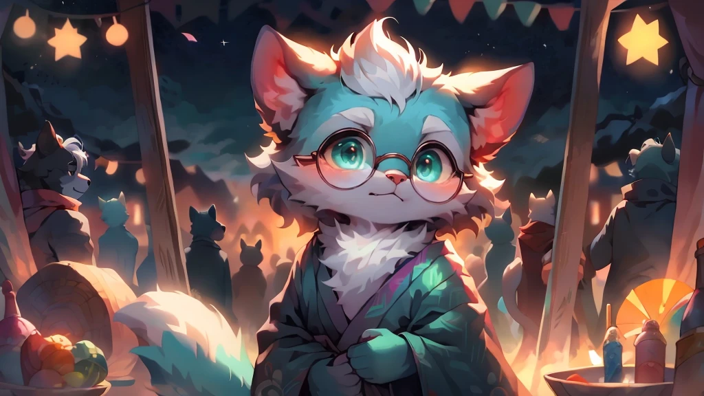 a portrait of a old, fully grown mature and aged  male cat with big round circle glasses and a red scarf, The cat is very tall. bushy tail, and perked-up fluffy big ears, one ear is lowered. He wears a fluffy warm and cozy kimono, a handsome cat fursona with teal fur color, the chest has white fur, white fur around his mouth and cheeks, medium-length white hair, fluffy black cat ears, and a fluffy white neck. He is looking up at the colorful starry sky, and in the background  an incredibly detailed background, detailed eyes