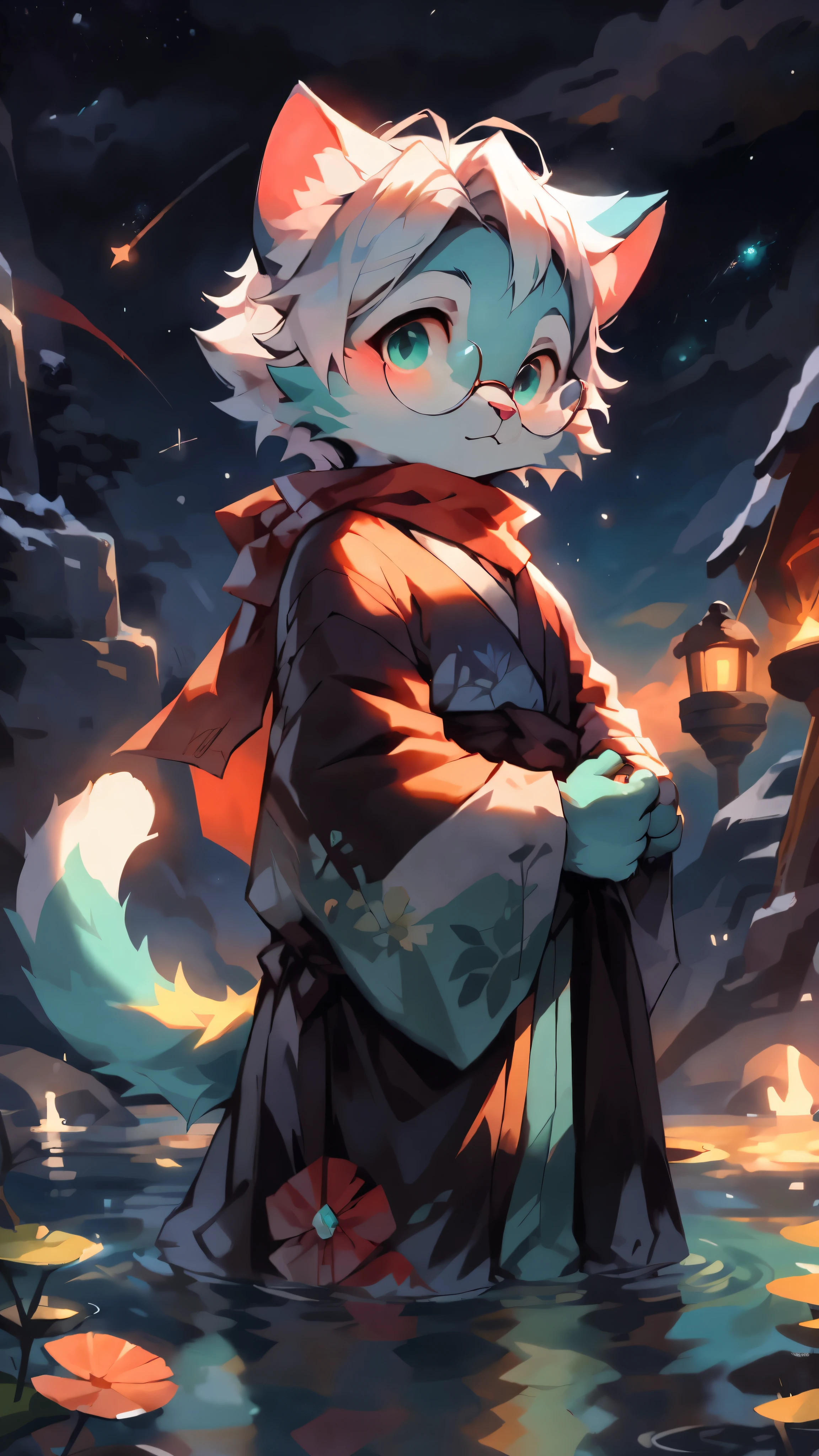 a portrait of a old, fully grown mature and aged  male cat with big round circle glasses and a red scarf, The cat is very tall. bushy tail, and perked-up fluffy big ears, one ear is lowered. He is fully clothed, he wears a fluffy warm and cozy kimono, a handsome cat fursona with teal fur color, the chest has white fur, white fur around his mouth and cheeks, medium-length white hair, fluffy black cat ears, and a fluffy white neck.  He is standinf on water, He is looking up at the colorful starry sky, there are shooting stars, and in the background  an incredibly detailed background, detailed eyes