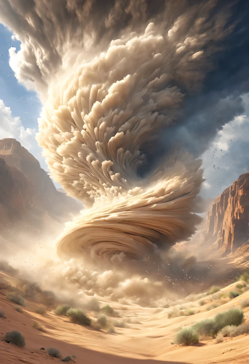 (desert canyon:1.5)，Narrow canyon in the middle of the desert,sandstorm，tornado， in the style of photo realistic landscapes, Stone sculptures, cabin core, Stone, in the style of photo realistic landscapes, cabin core, rolling waves,decorative background, photo realistic landscapes, large canvas format, 32k ultra high definition, photo, The best qualities of imaginative landscapes,4K,8k,high resolution,masterpiece:1.2),Super detailed,(actual,realistically,realistically:1.37),