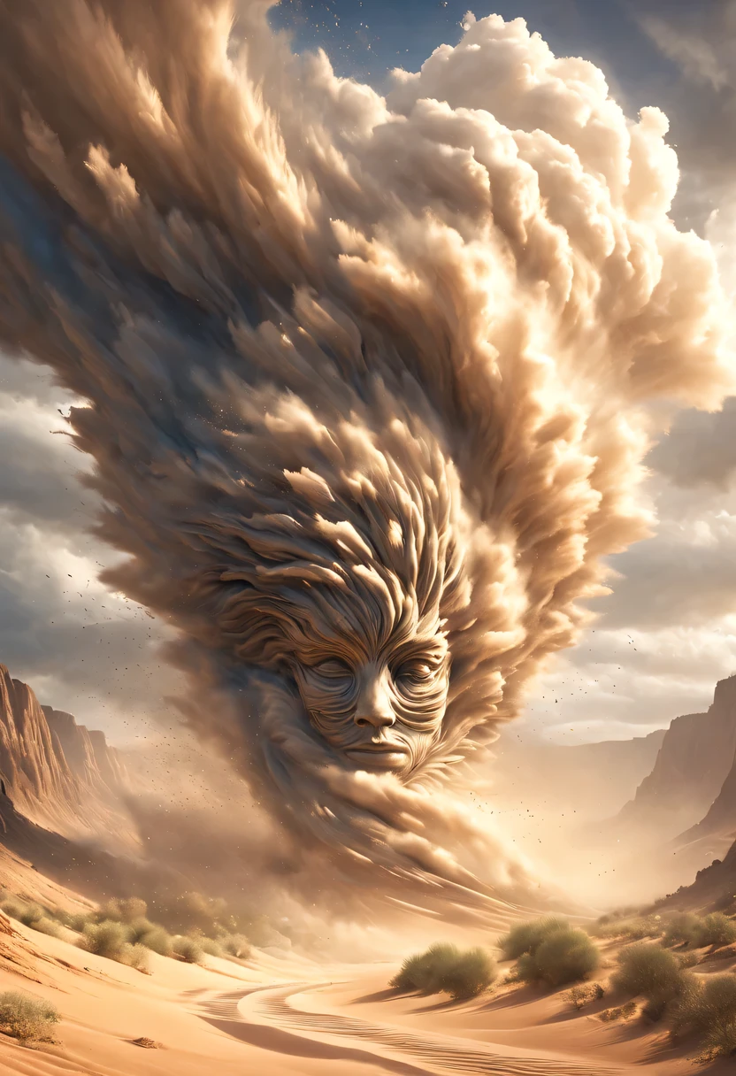 (desert canyon:1.5),Narrow canyon in the middle of the desert,sandstorm,tornado, in the style of photo realistic landscapes, Stone sculptures, cabin core, Stone, in the style of photo realistic landscapes, cabin core, rolling waves,decorative background, photo realistic landscapes, large canvas format, 32k ultra high definition, photo, The best qualities of imaginative landscapes,4K,8k,high resolution,masterpiece:1.2),Super detailed,(actual,realistically,realistically:1.37),