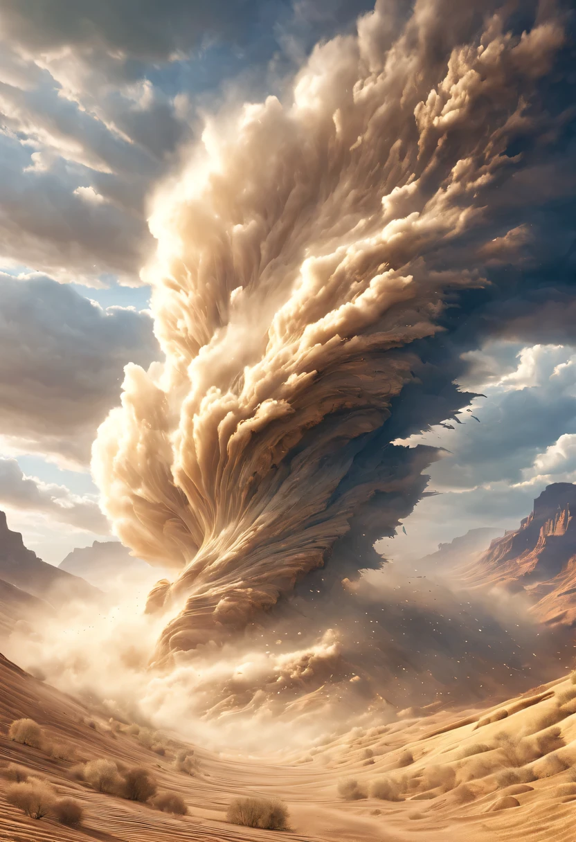 (desert canyon:1.5)，Narrow canyon in the middle of the desert,sandstorm，tornado， in the style of photo realistic landscapes, Stone sculptures, cabin core, Stone, in the style of photo realistic landscapes, cabin core, rolling waves,decorative background, photo realistic landscapes, large canvas format, 32k ultra high definition, photo, The best qualities of imaginative landscapes,4K,8k,high resolution,masterpiece:1.2),Super detailed,(actual,realistically,realistically:1.37),