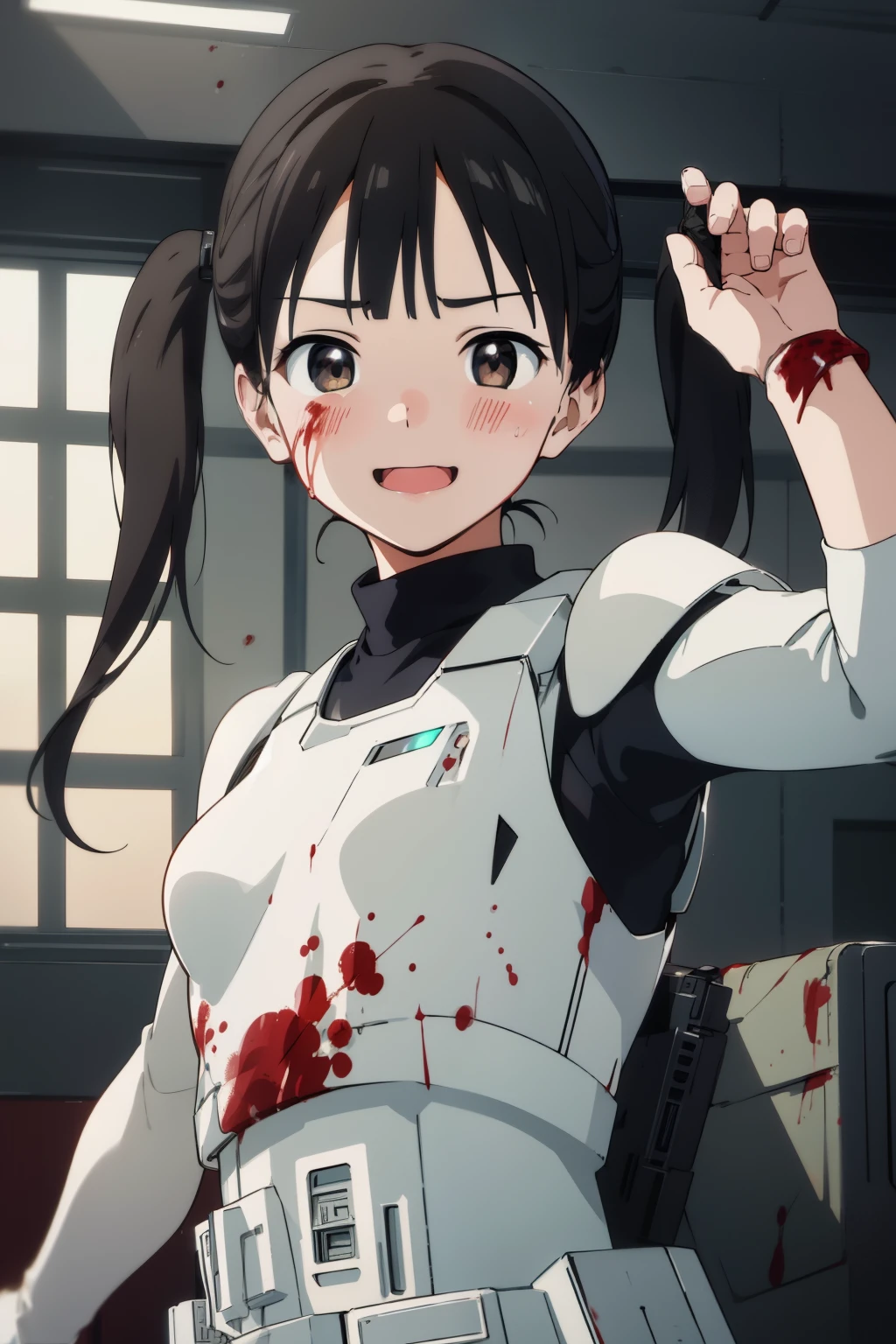 (1girl, solo), AyumiTogeguchiR4, brown eyes, twintails, (small breast), (stormtrooper armor,) looking at viewer, crazy smile, blush, blood, blood on arm, blood on face, blood on clothes, blood on hands, holding blaster rifle, blaster rifle, indoor, (masterpiece), best quality, high resolution, unity 8k wallpaper, (illustration), (anime style), (beautiful detailed eyes), extremely detailed face, perfect lighting, extremely detailed CG, (perfect hands, perfect anatomy), (dynamic pose, dynamic angle),