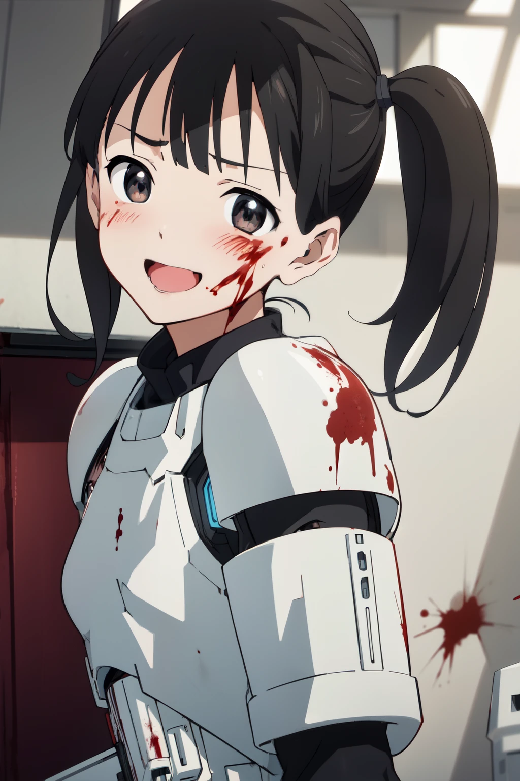 (1girl, solo), AyumiTogeguchiR4, brown eyes, twintails, (small breast), (stormtrooper armor,) looking at viewer, crazy smile, blush, blood, blood on arm, blood on face, blood on clothes, blood on hands, holding blaster rifle, blaster rifle, indoor, (masterpiece), best quality, high resolution, unity 8k wallpaper, (illustration), (anime style), (beautiful detailed eyes), extremely detailed face, perfect lighting, extremely detailed CG, (perfect hands, perfect anatomy), (dynamic pose, dynamic angle),