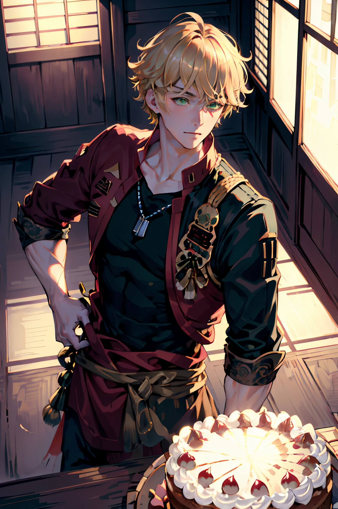 extremely delicate and beautiful, Amazing, finely detail, masterpiece, ultra-detailed, highres,best illustration, best shadow,intricate,sharp focus, high quality, ((1 male solo, handsome, broad shoulders, blond hair, green eyes)), red and black jacket, black hairband, at the old japanese kitchen, baking a cake, cakes, old japanese house