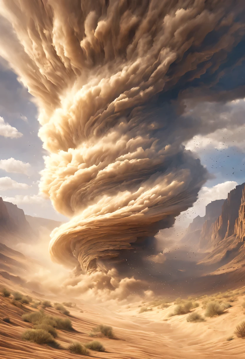 (desert canyon:1.5),Narrow canyon in the middle of the desert,sandstorm,tornado, in the style of photo realistic landscapes, Stone sculptures, cabin core, Stone, in the style of photo realistic landscapes, cabin core, rolling waves,decorative background, photo realistic landscapes, large canvas format, 32k ultra high definition, photo, The best qualities of imaginative landscapes,4K,8k,high resolution,masterpiece:1.2),Super detailed,(actual,realistically,realistically:1.37),