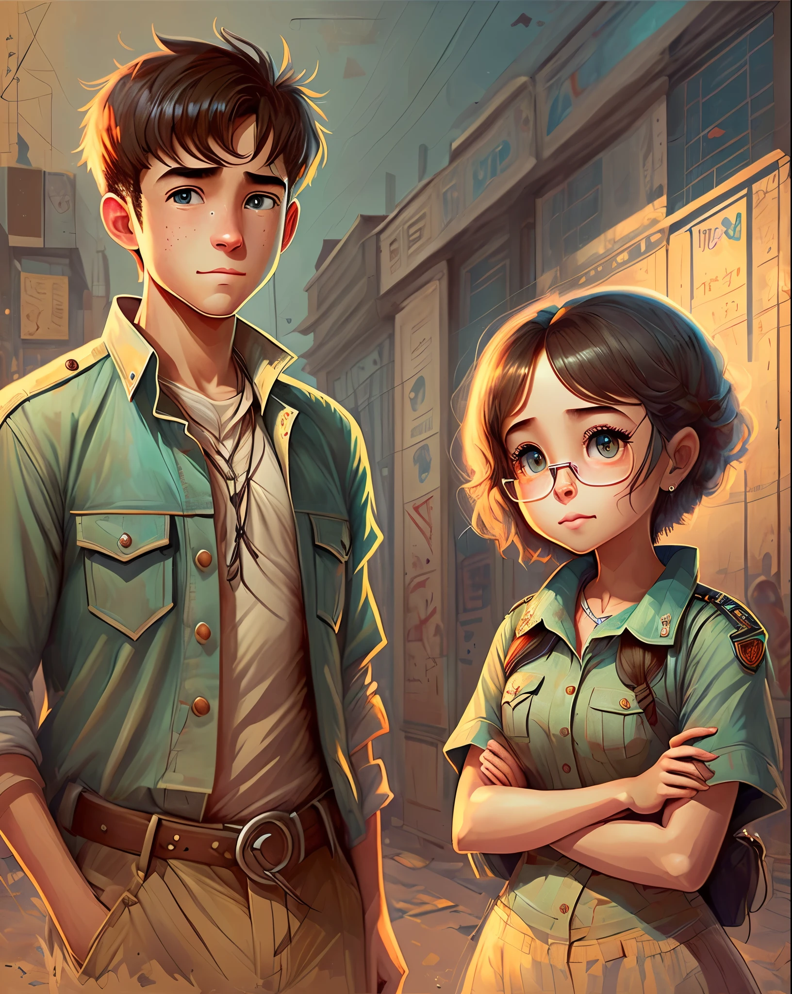 two young detectives. One boy and another girl, 15 years old and very nice, Pixar style --auto --s2